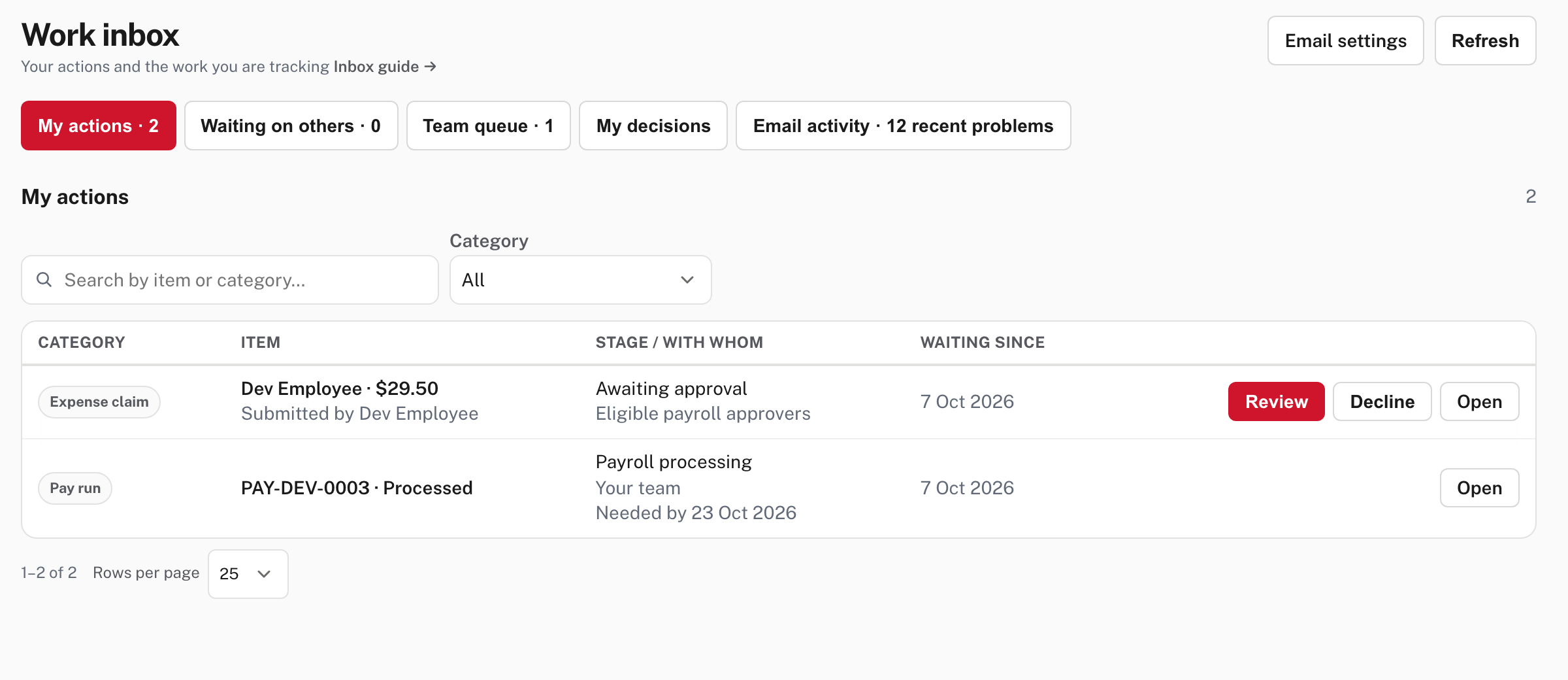 Mail, My actions: the expense claim with Review, Decline and Open