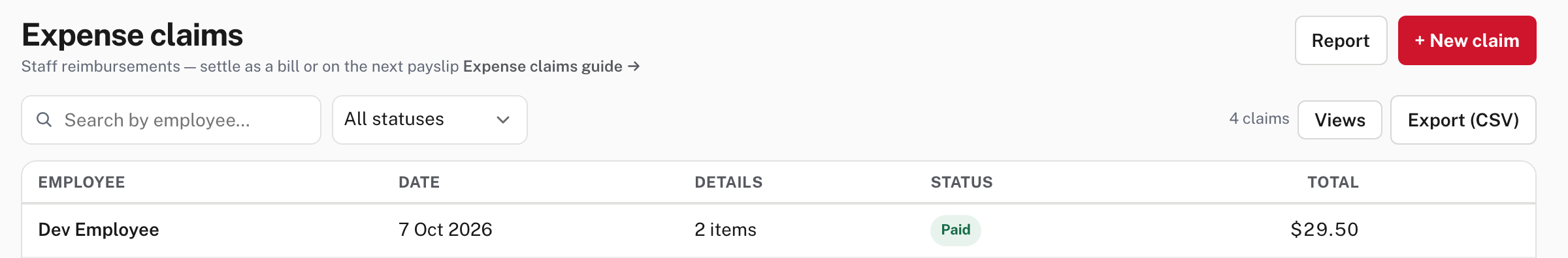 The manager's claim list after payment: the claim is Paid