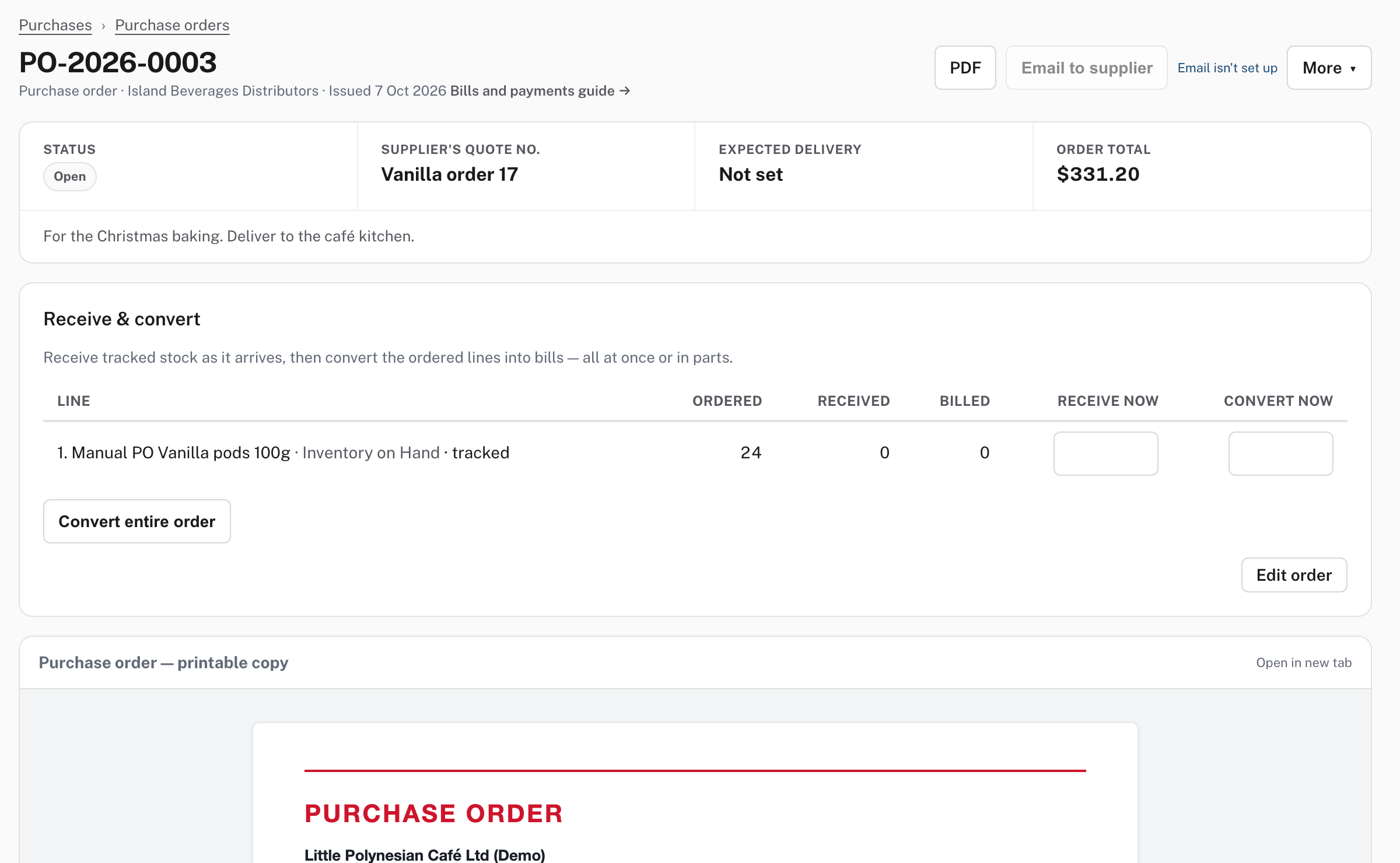 An open purchase order: its summary, the Receive & convert worksheet and the printable copy below