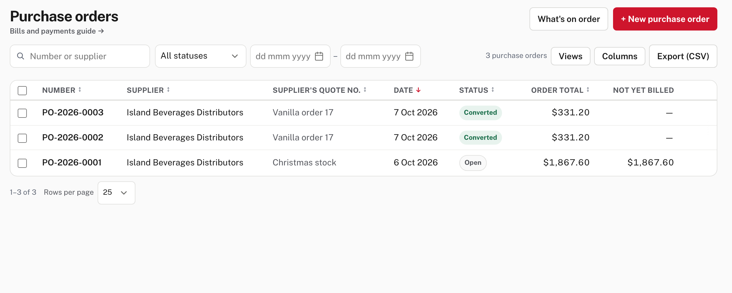 The purchase order list: two converted orders and an open one, with the amount not yet billed