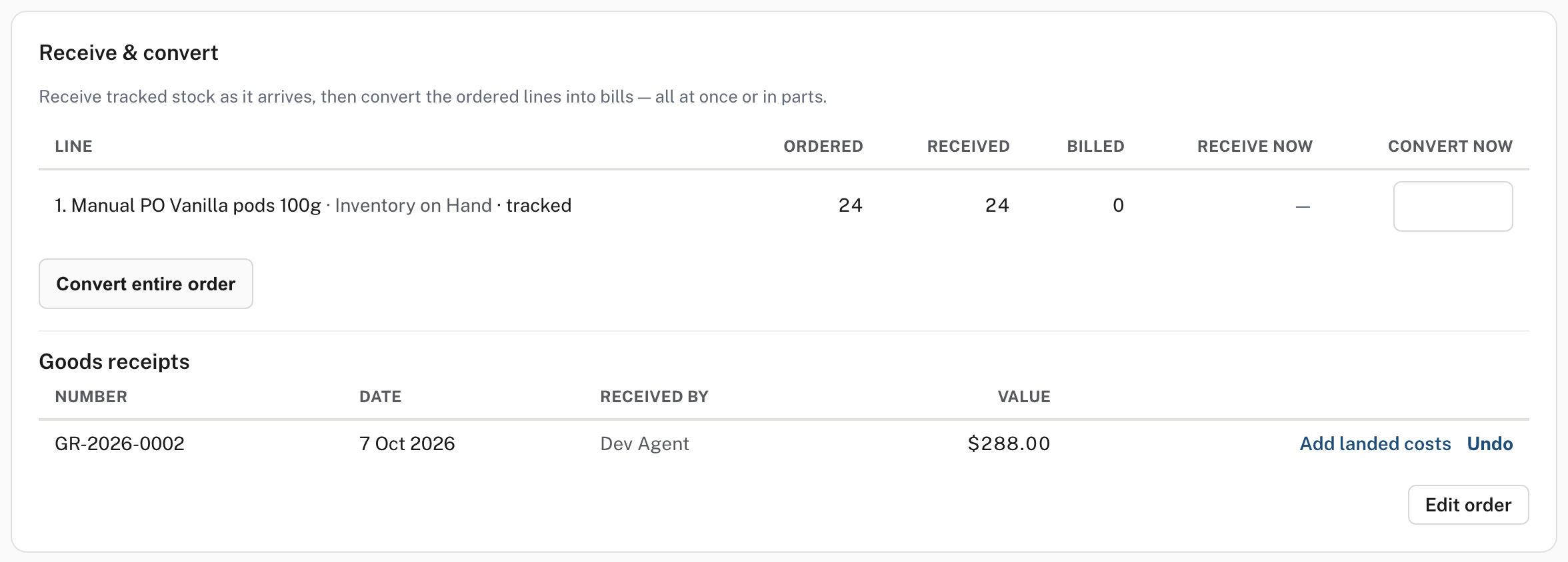 The worksheet after receiving: all 24 ordered, all 24 received, none billed yet, and the goods receipt listed below