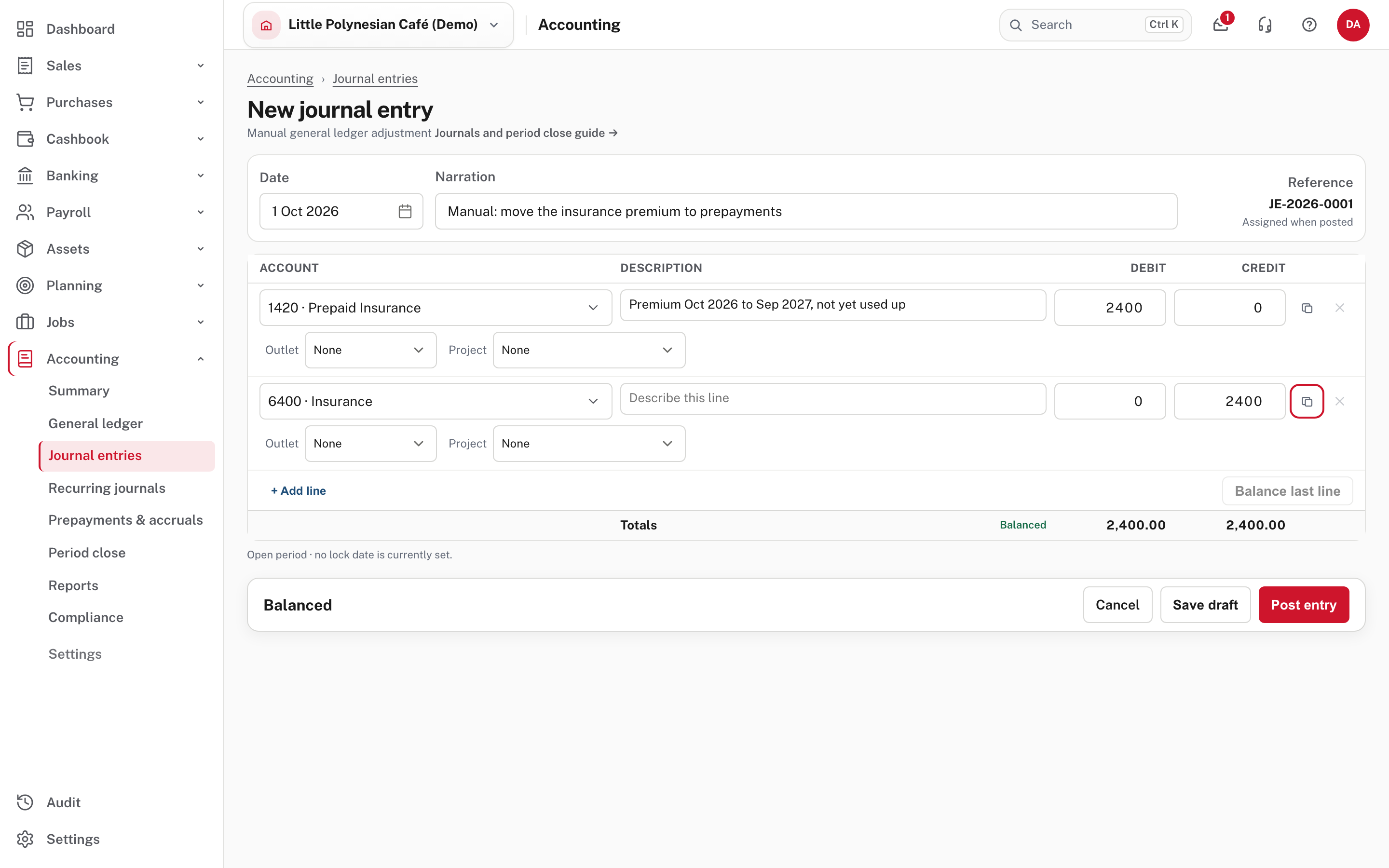 A journal that moves the premium from Insurance to Prepaid Insurance