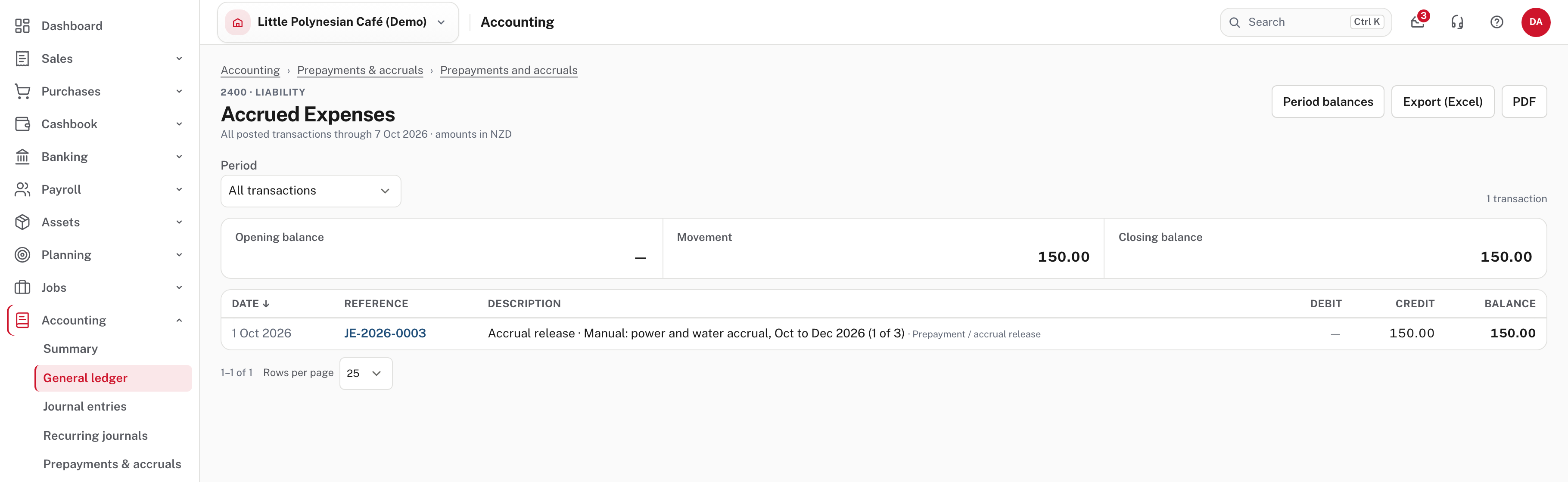 Accrued Expenses: one release of $150, which is the Released figure, not Remaining