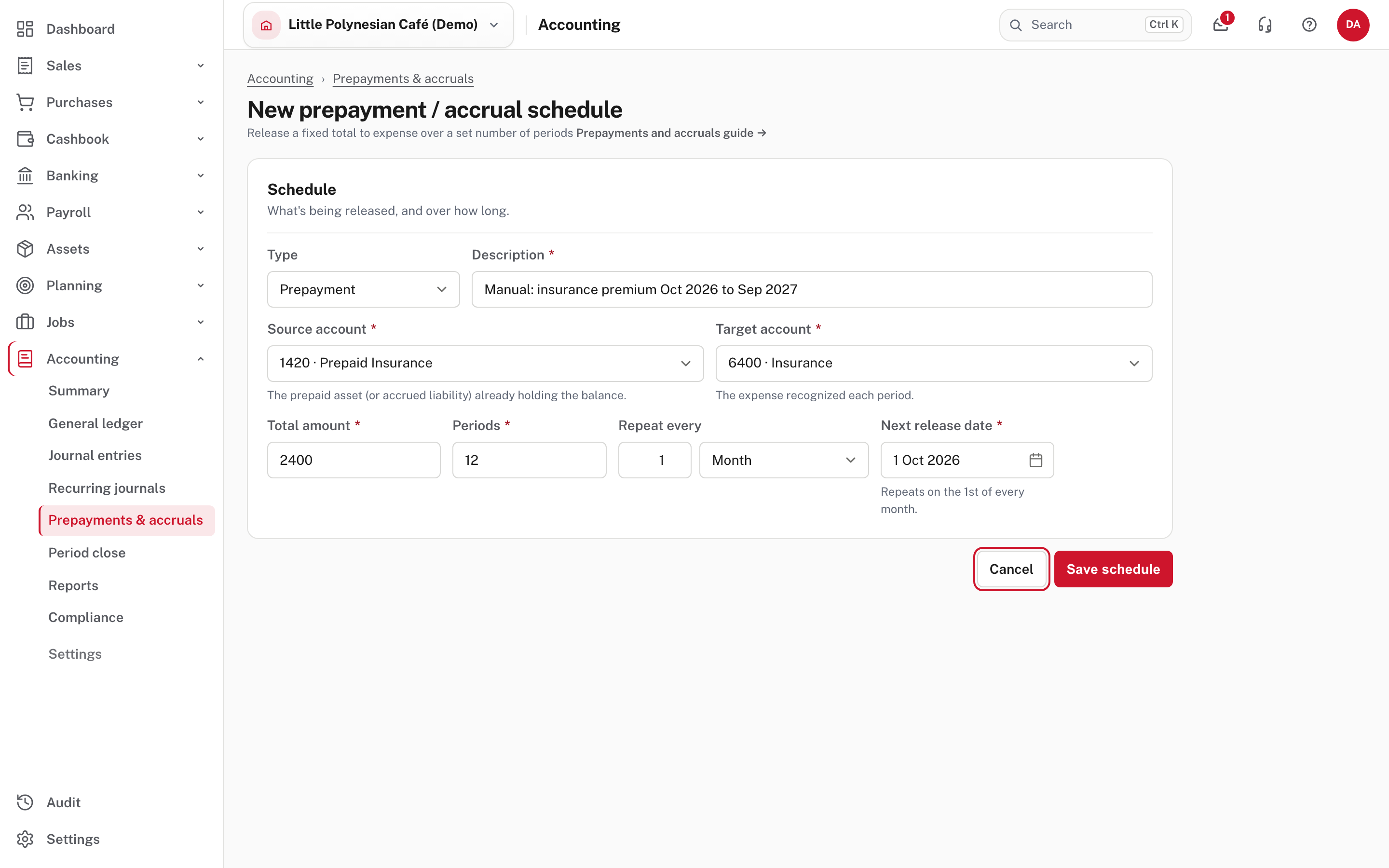 A new prepayment schedule: type, accounts, total, periods and the first release date