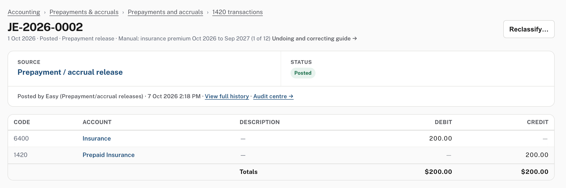 A release journal: source Prepayment / accrual release, posted by Easy, debit Insurance and credit Prepaid Insurance