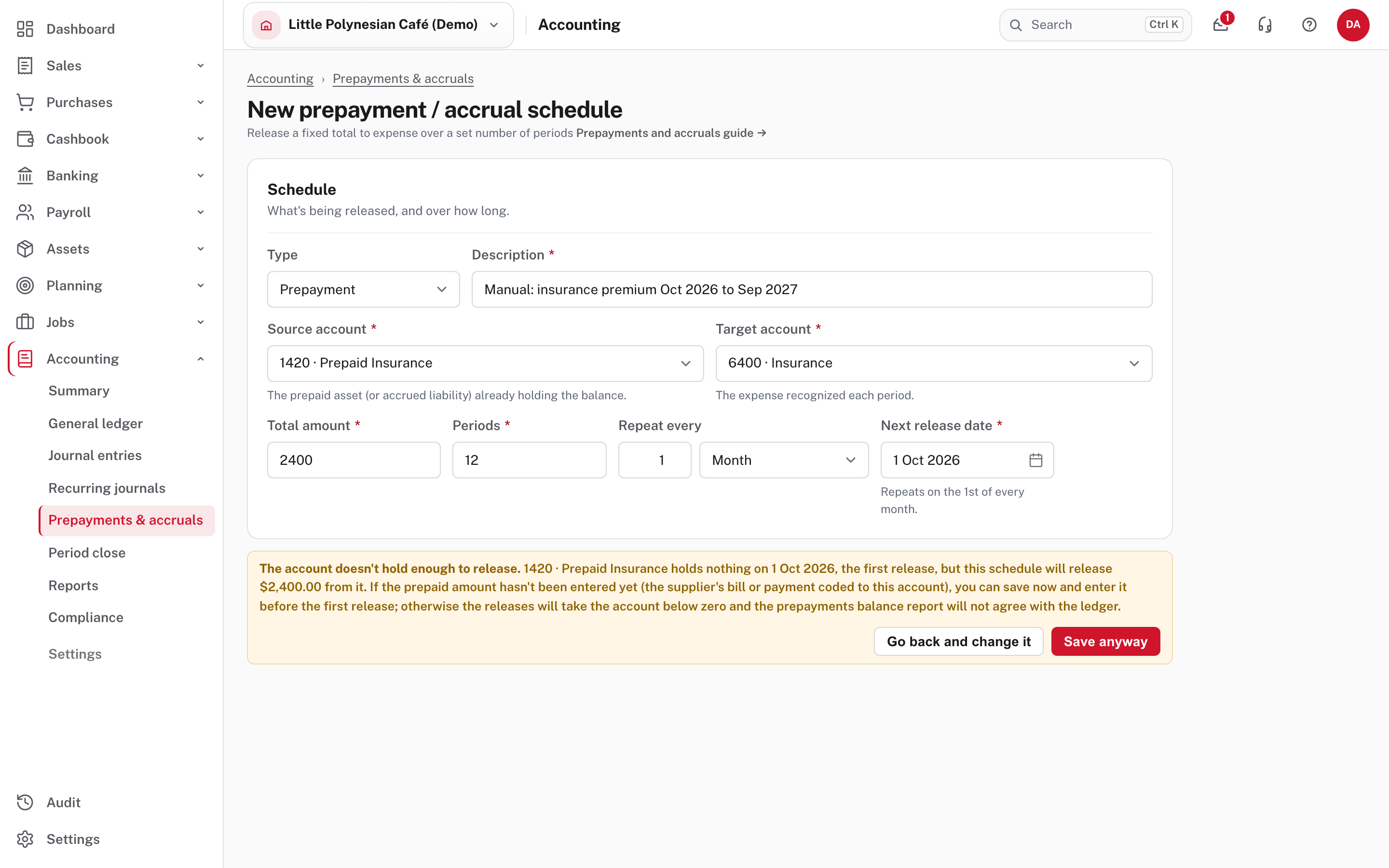 The warning, shown when Prepaid Insurance holds nothing on 1 Oct 2026, the first release