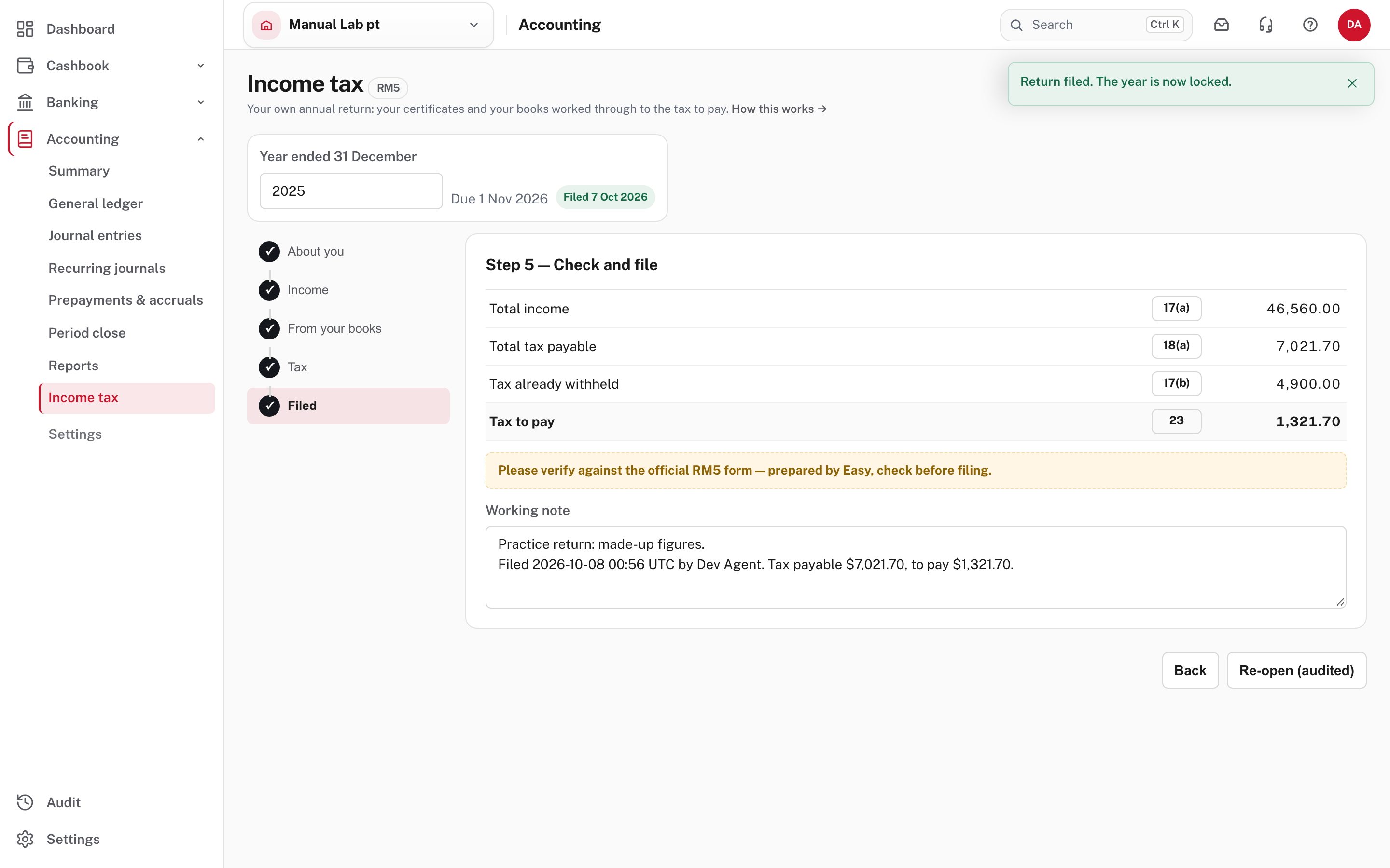 Filed: the year is locked and the working note records who filed it and the tax