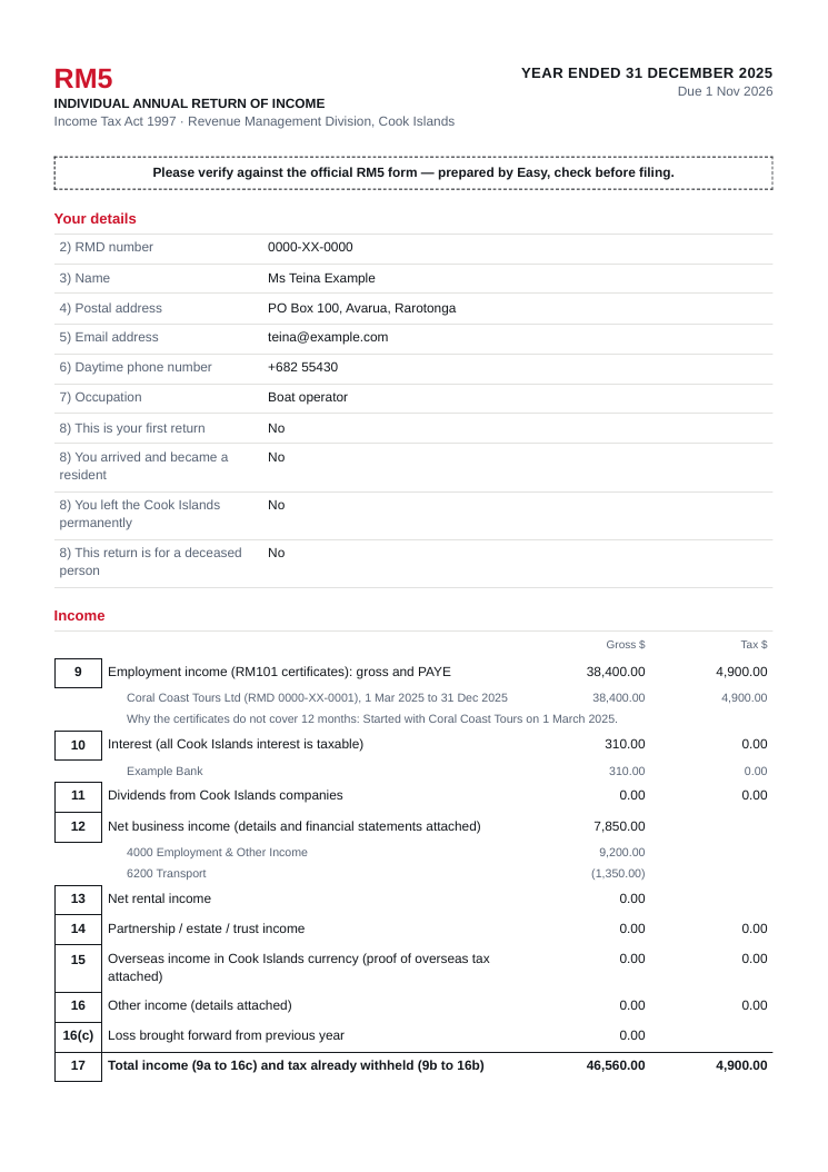 Page 1 of the PDF: your details, then every income box with the figures behind boxes 9, 10 and 12