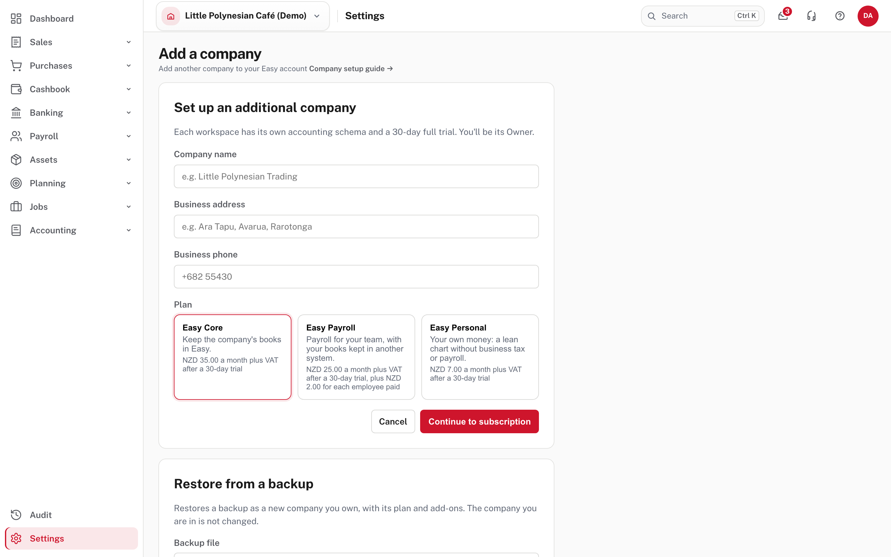 Add a company: three plans; Easy Personal is "your own money: a lean chart without business tax or payroll"