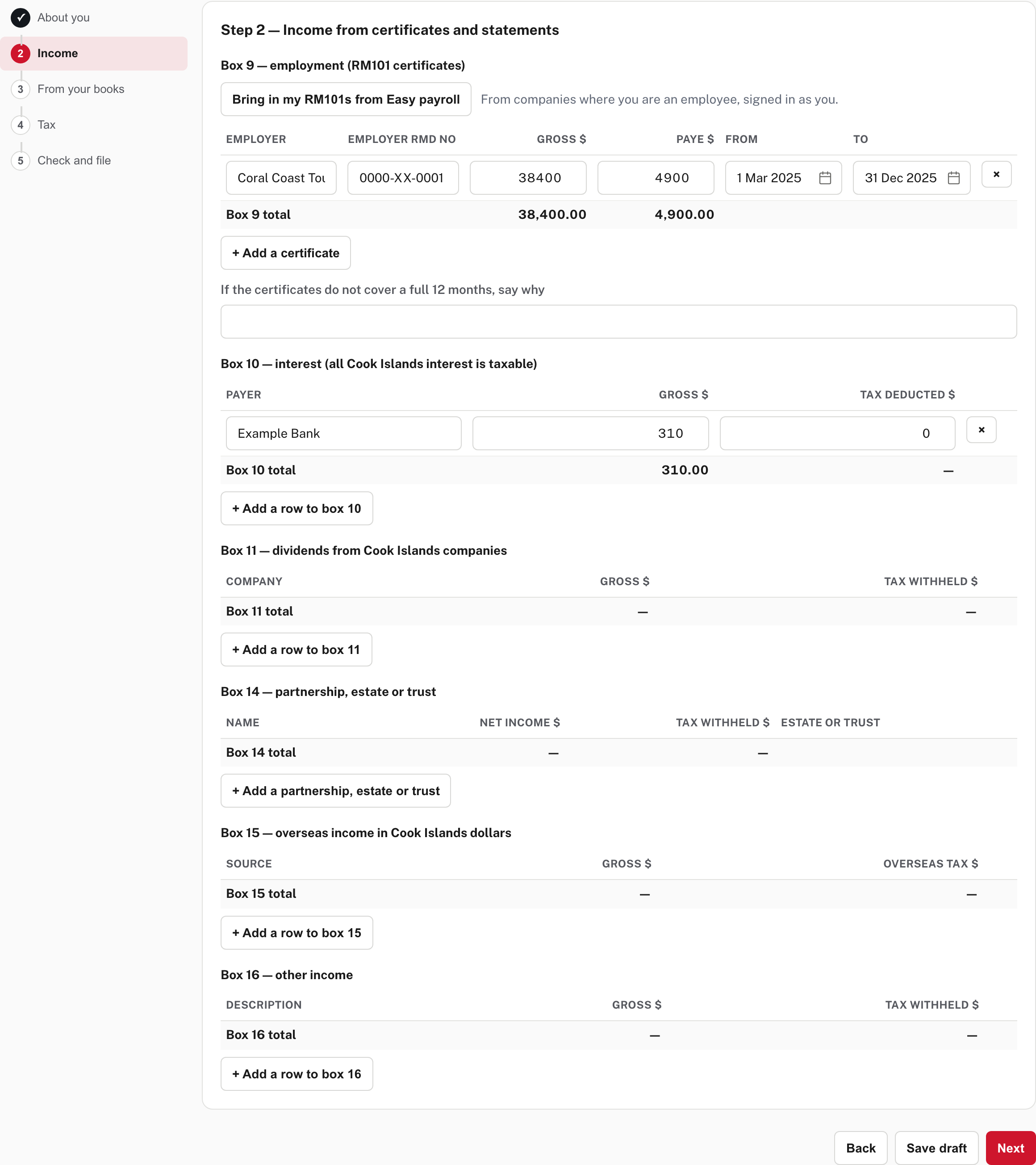 The same step with a certificate and a bank's interest typed in; each box has a total