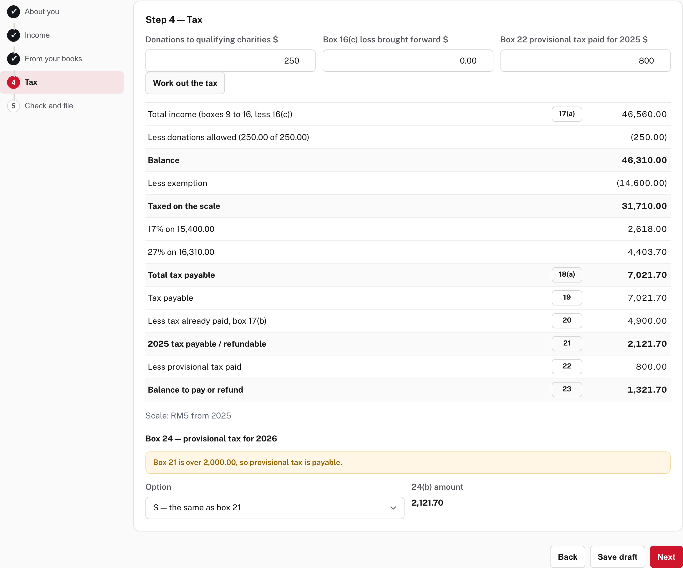 Easy's fourth step, Tax: from total income to the balance to pay, and box 24