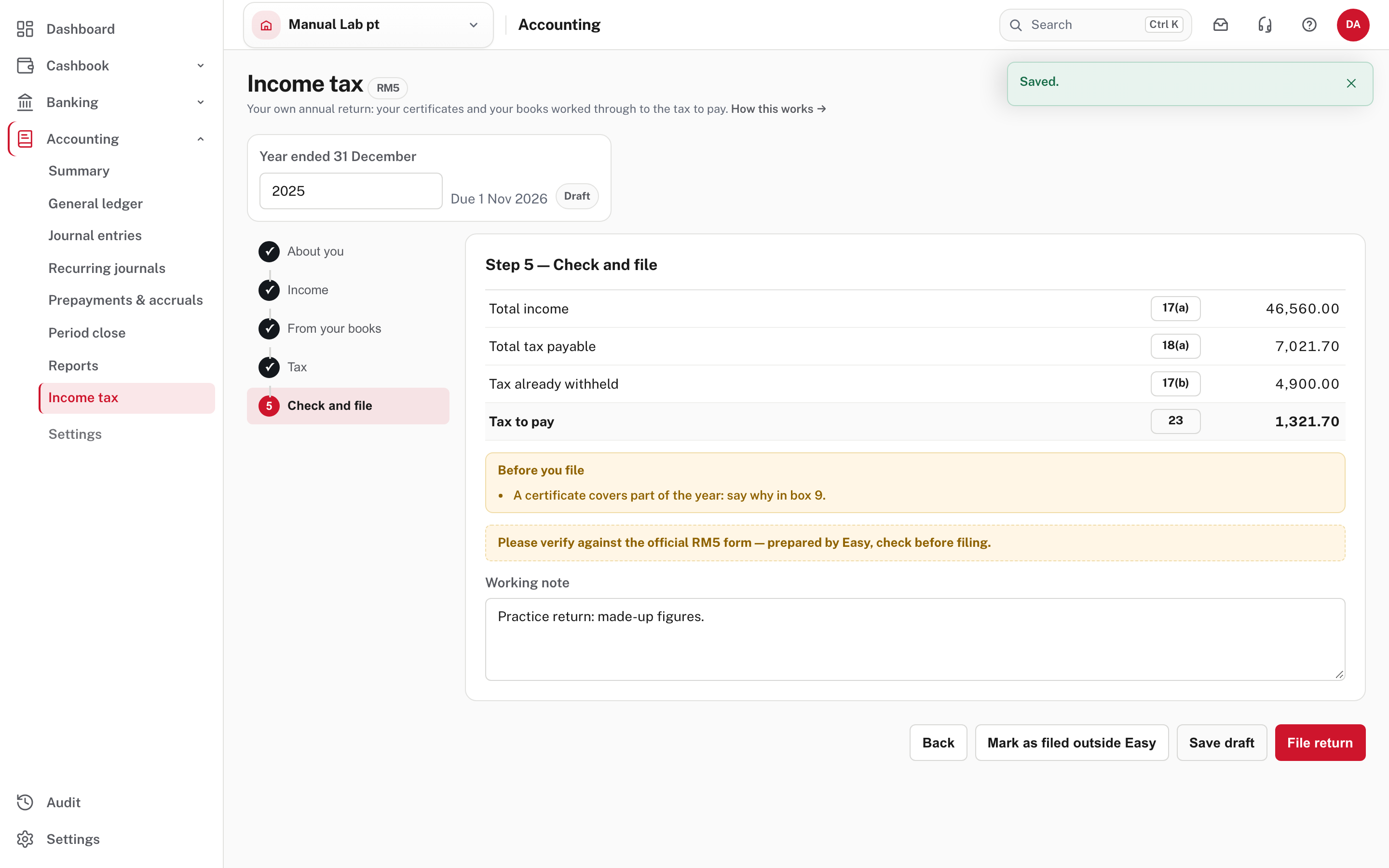 Easy's last step, Check and file: a warning under "Before you file", and the working note