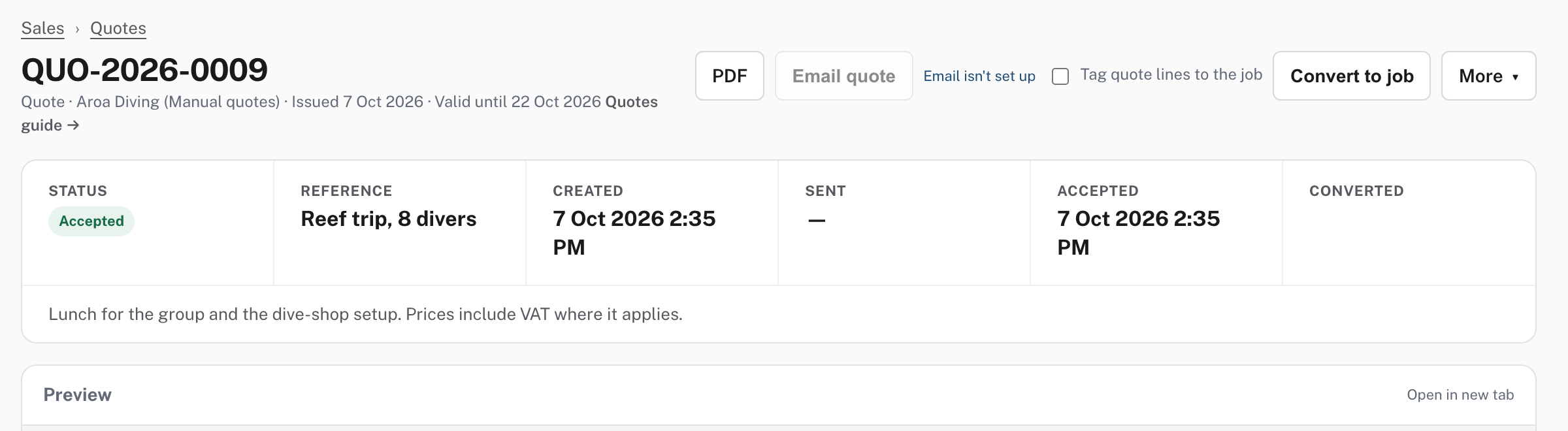 The converted quote: Accepted, with the date accepted, no Edit button and no Convert to invoice button
