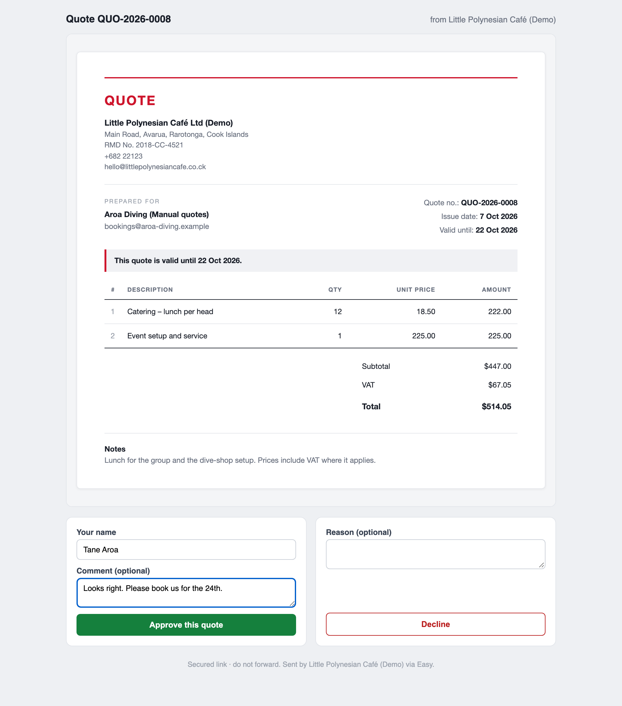 The customer's page: the quote, a name and comment box with Approve this quote, and a reason box with Decline