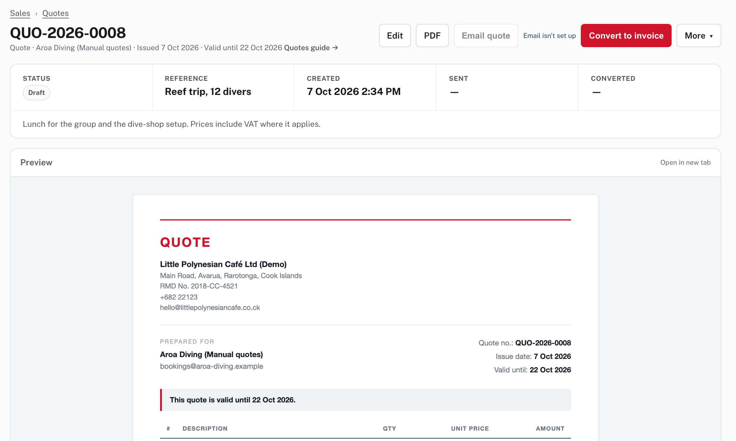 A draft quote: actions at the top, a summary of its status and dates, and a preview of the PDF