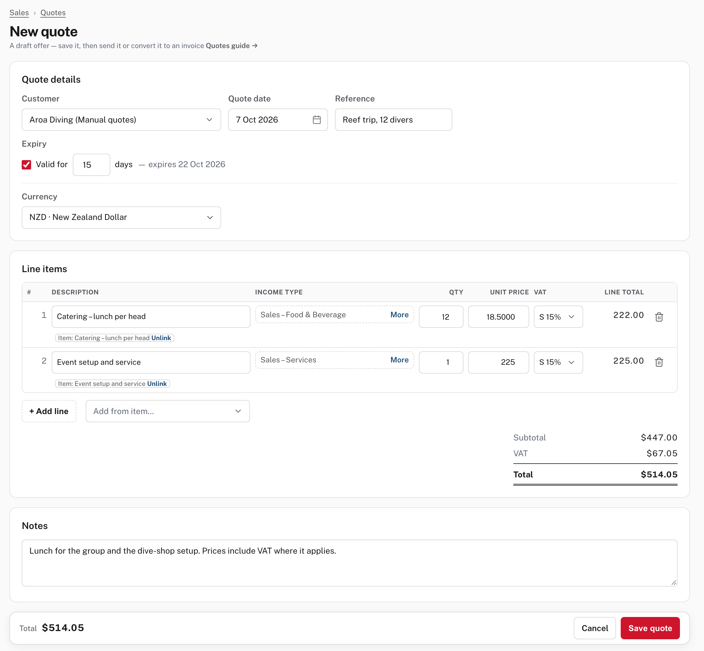 A new quote: customer, dates, two item lines, totals and notes