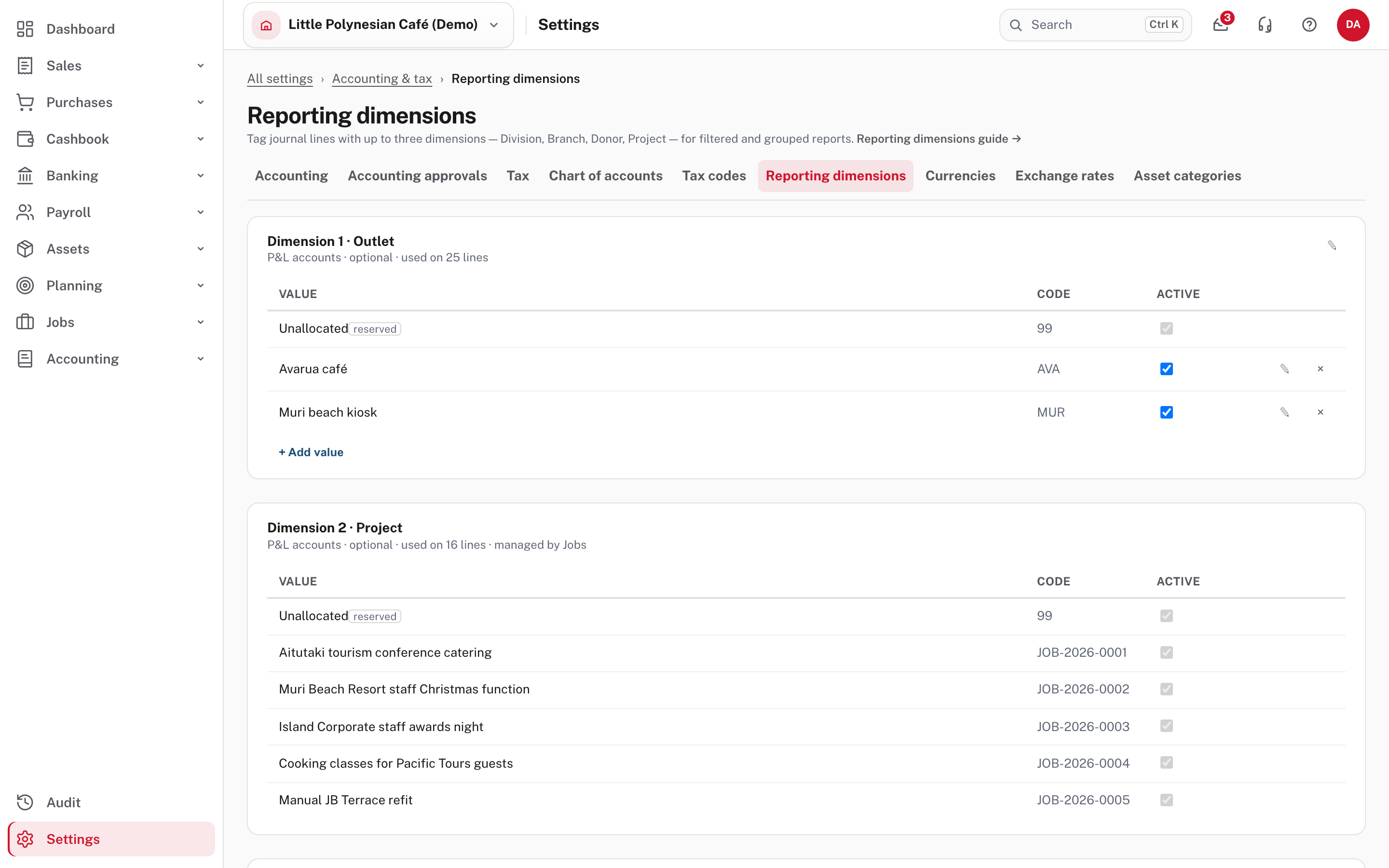 Reporting dimensions: Outlet and Project, each with its values, codes and whether it is active