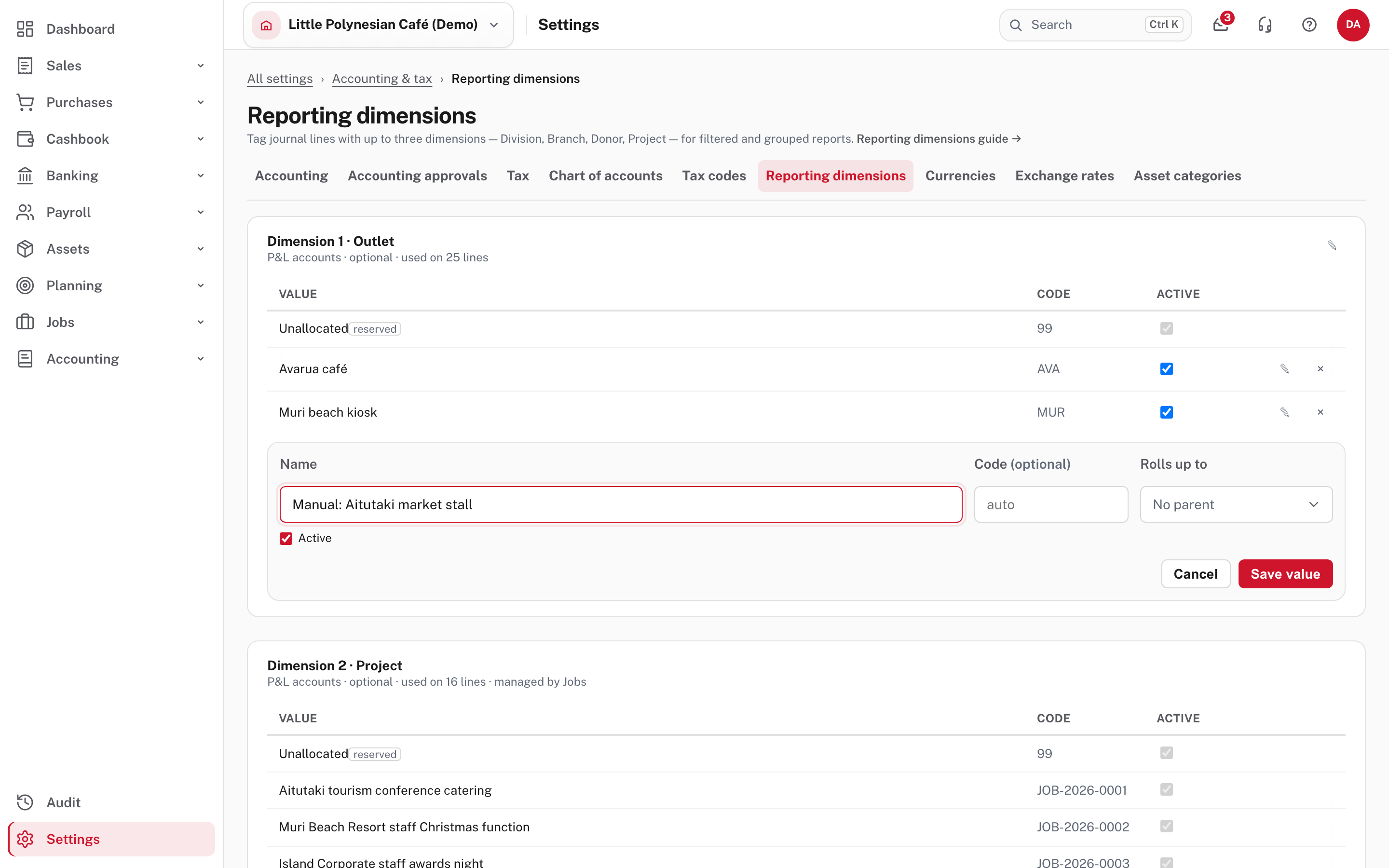 A new value: name, an optional code, an optional parent, and Active