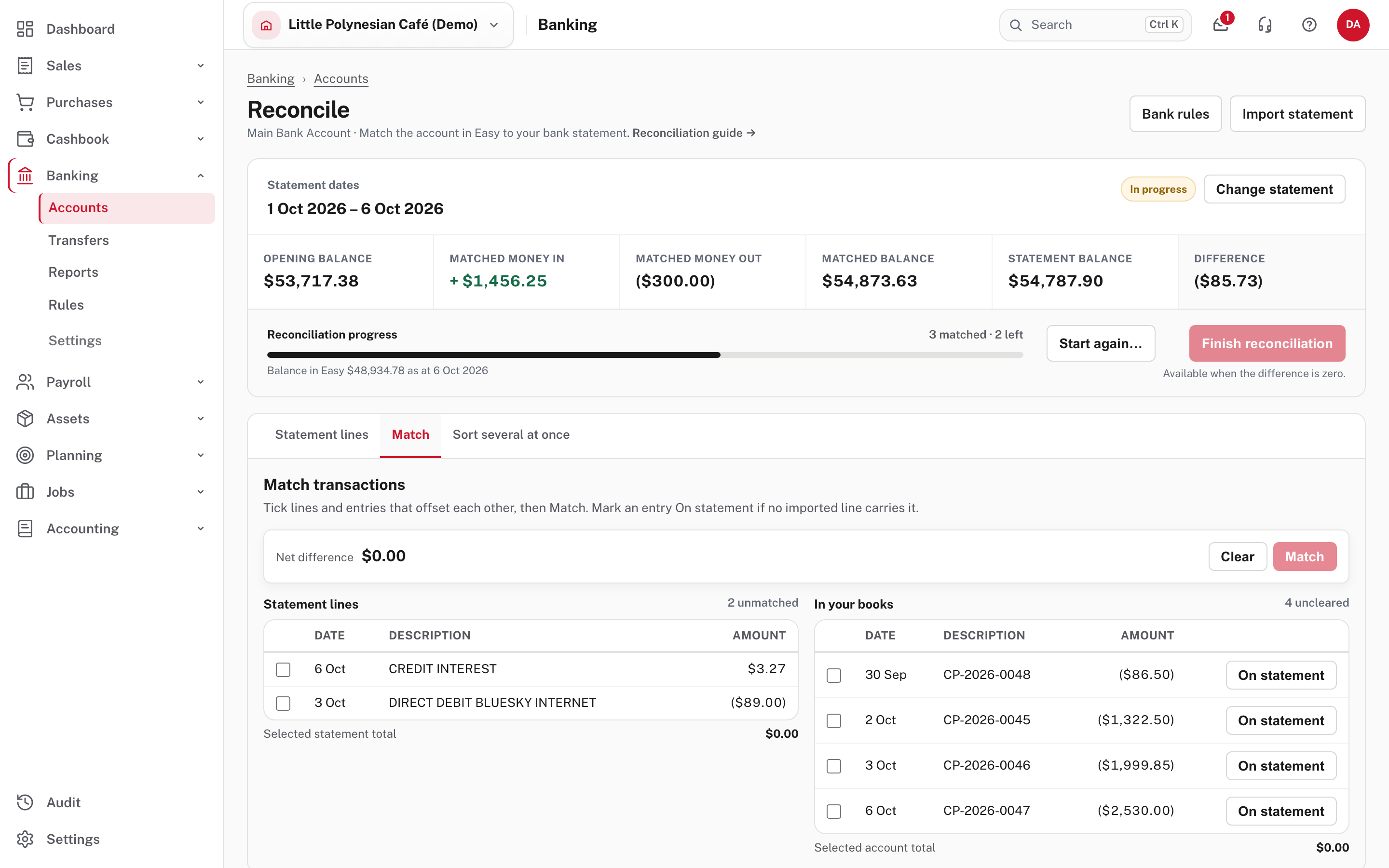 The Match tab: statement lines on one side, entries in your books on the other