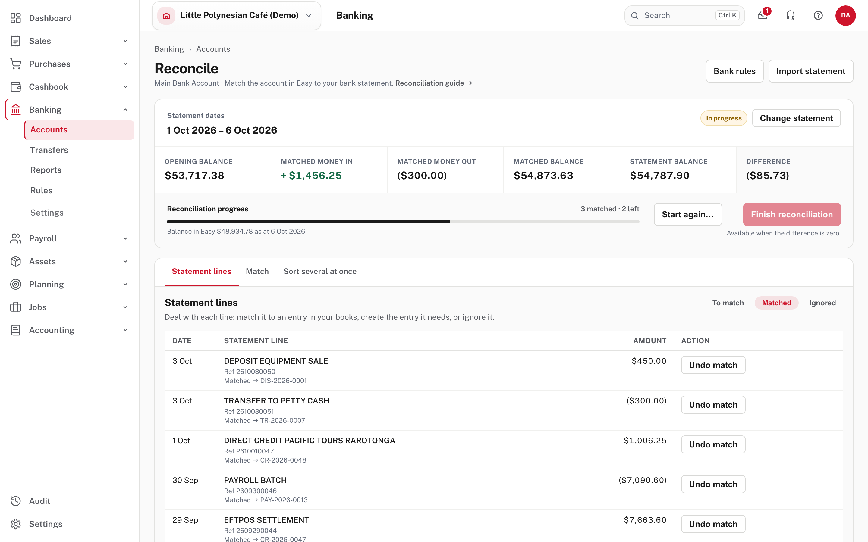 Matched lines: those Easy matched to entries in your books