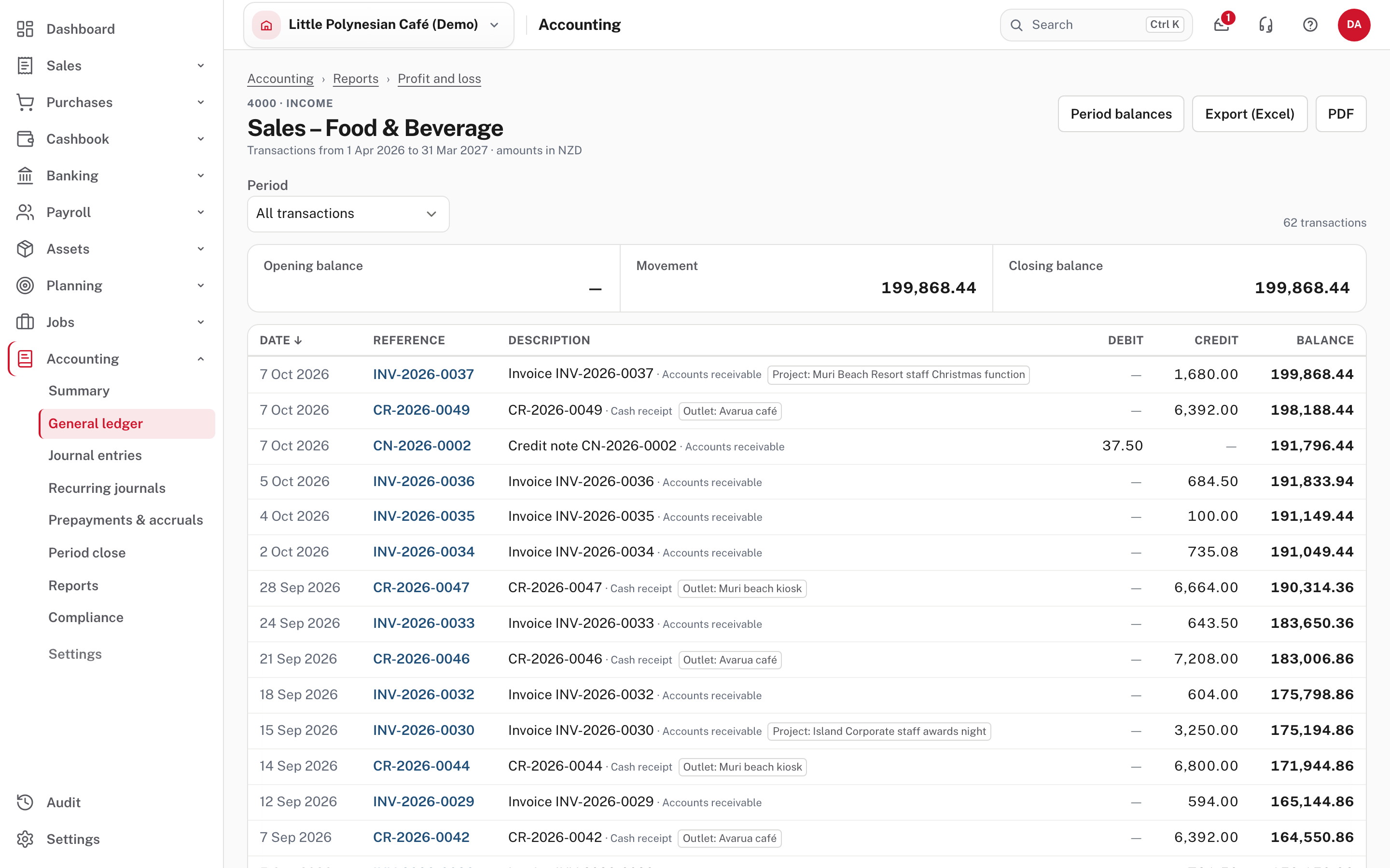 Choosing 199,868.44 opens the account's transactions for the same dates, with their running balance