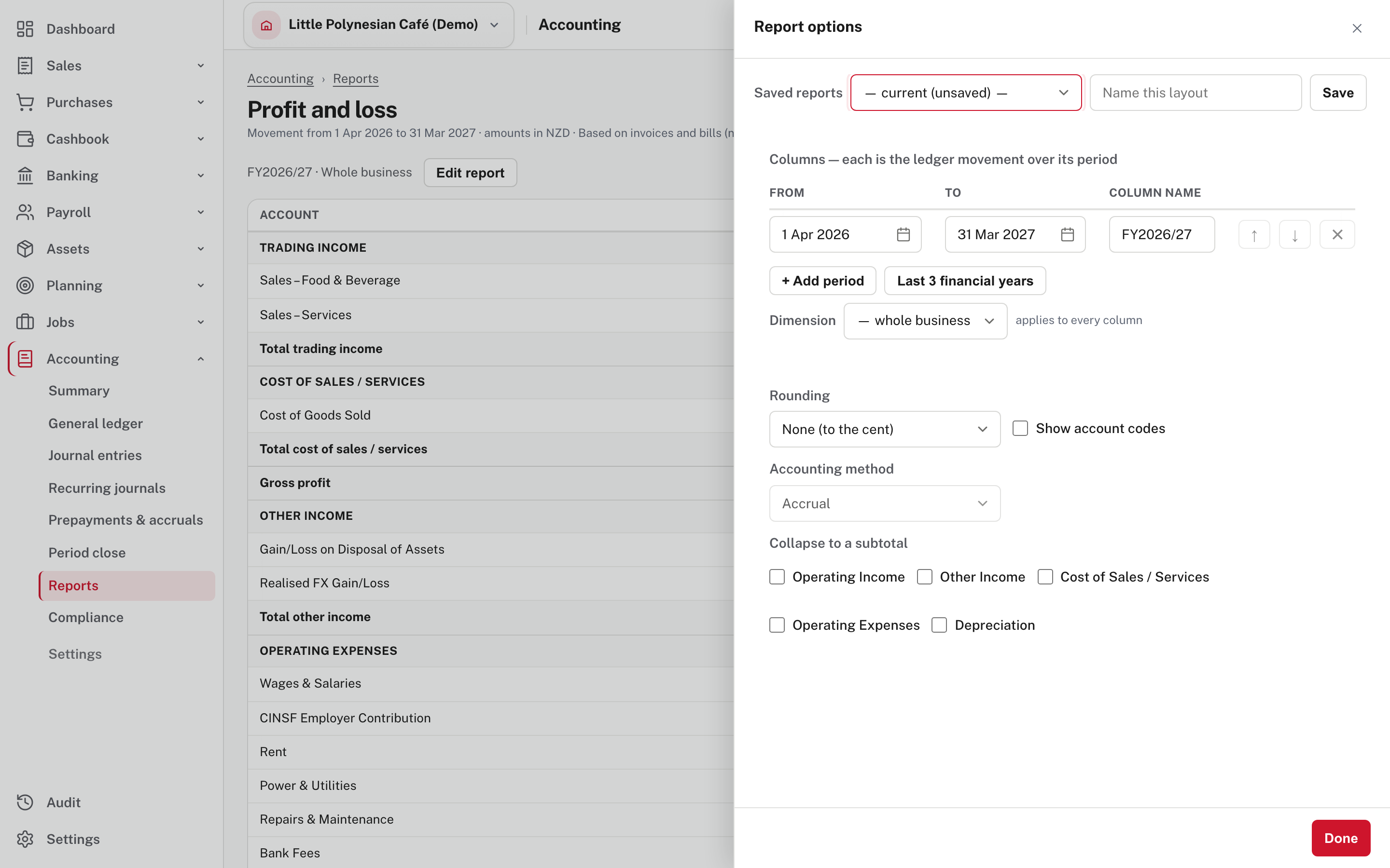 Report options: the columns, a reporting dimension, rounding, accounting method and subtotals
