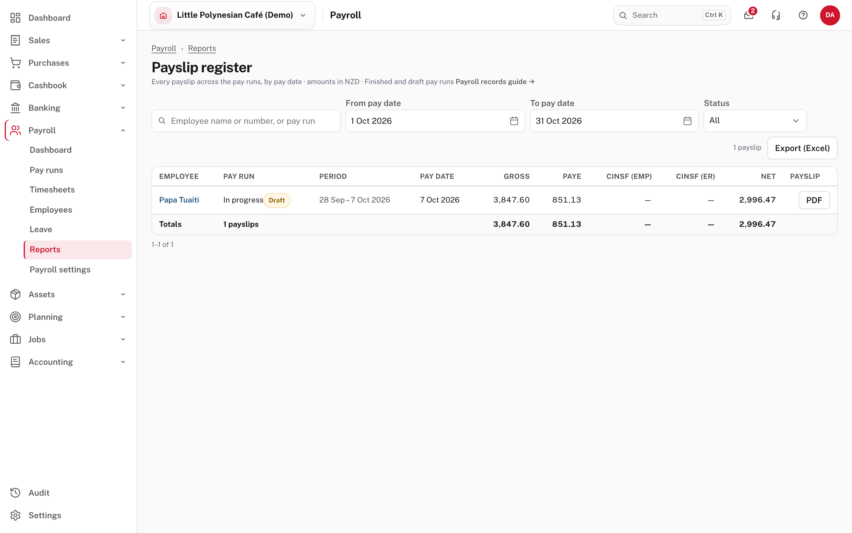 The payslip register: every payslip by pay date, with its gross, PAYE, CINSF and net