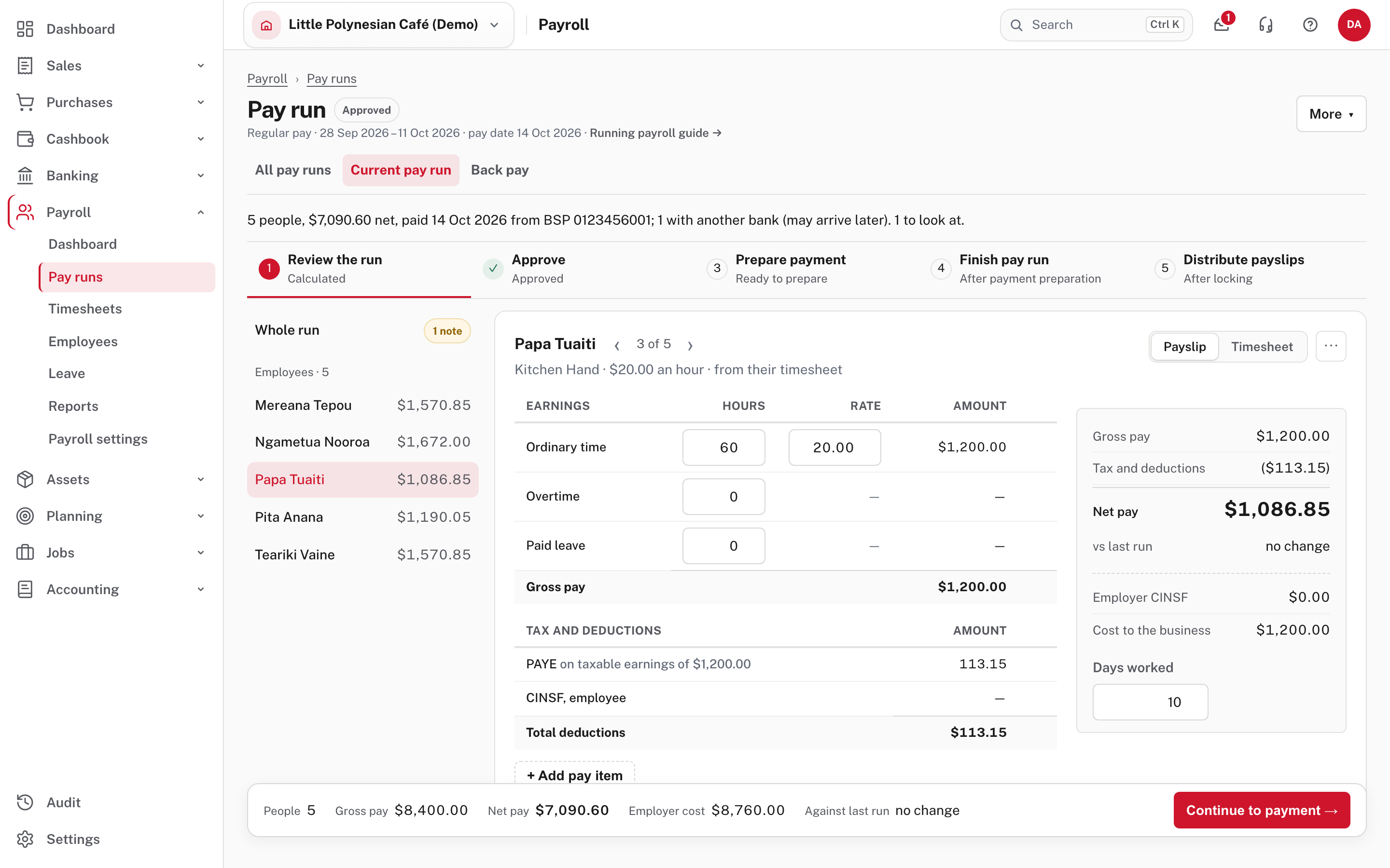 One person's payslip inside the run: hours, rate, PAYE and net pay