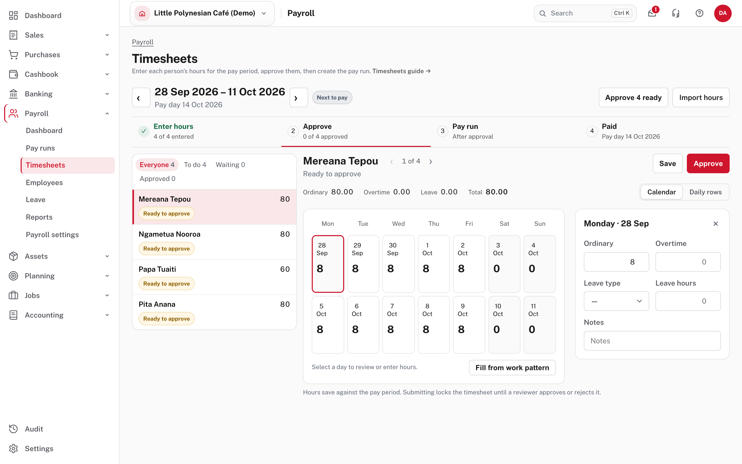 Timesheets: the period's four stages, the people on the left, one person's days on the right