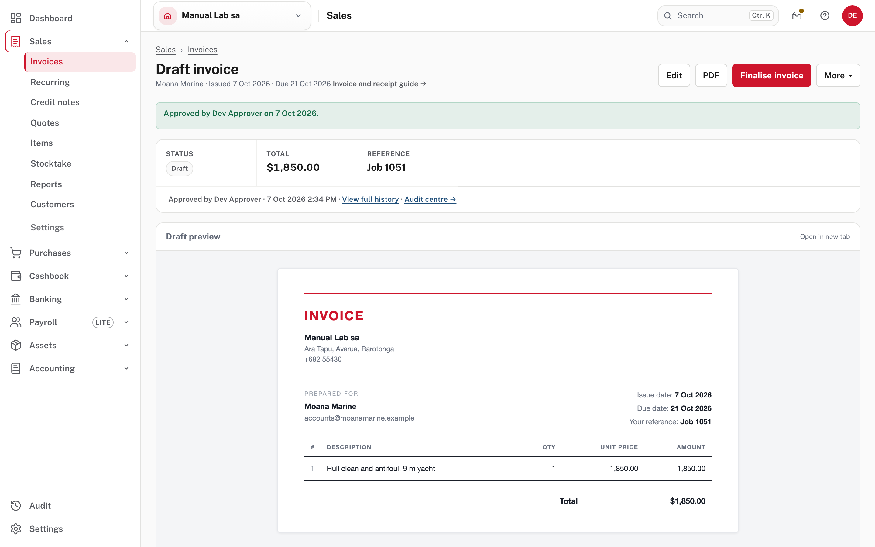 Approved: the green card, and Finalise invoice is now offered