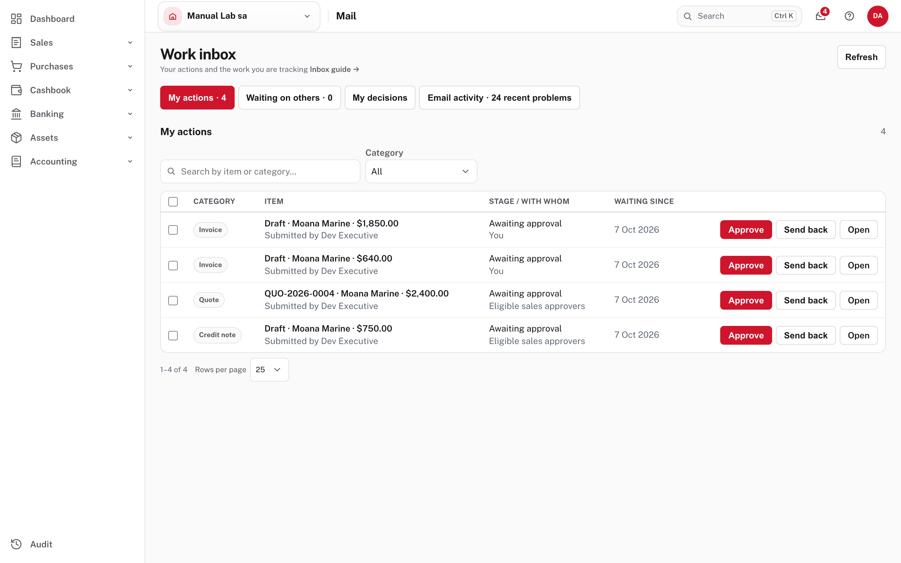 Mail, My actions: one row for each document waiting, with Approve, Send back and Open
