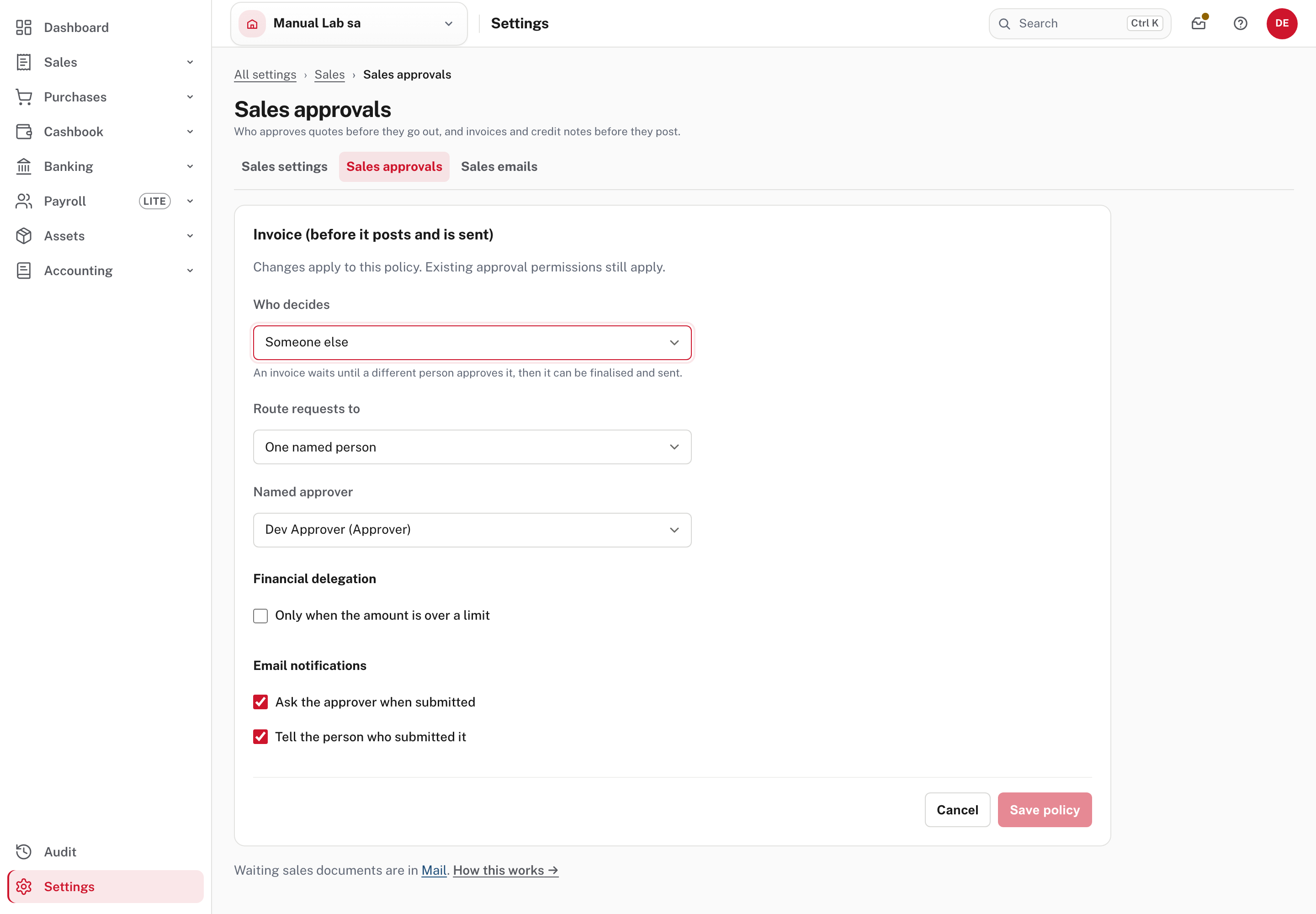 The invoice policy: someone else decides, routed to one named person