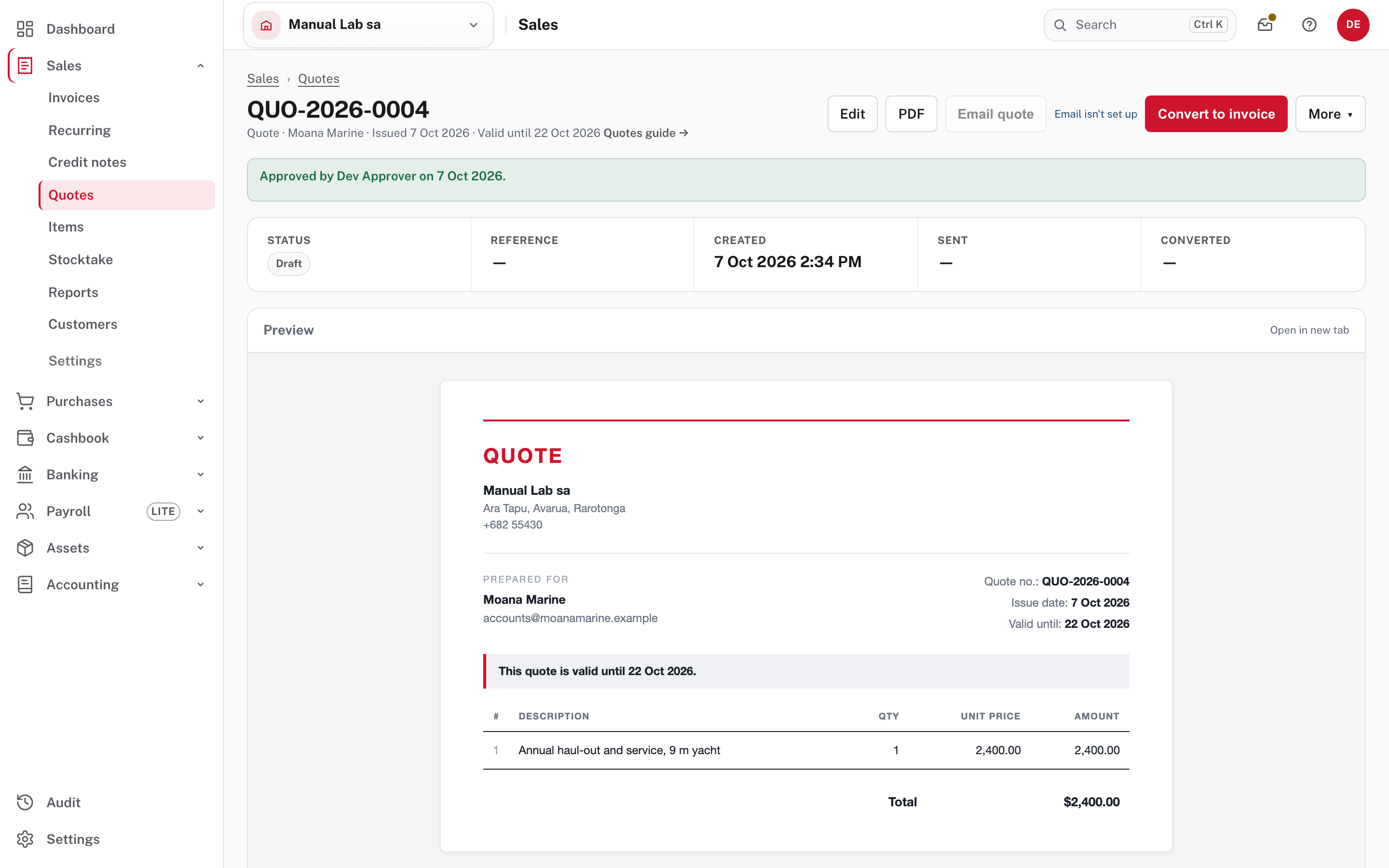 An approved quote: the green approval card, and Email quote is back (the customer link is further down)