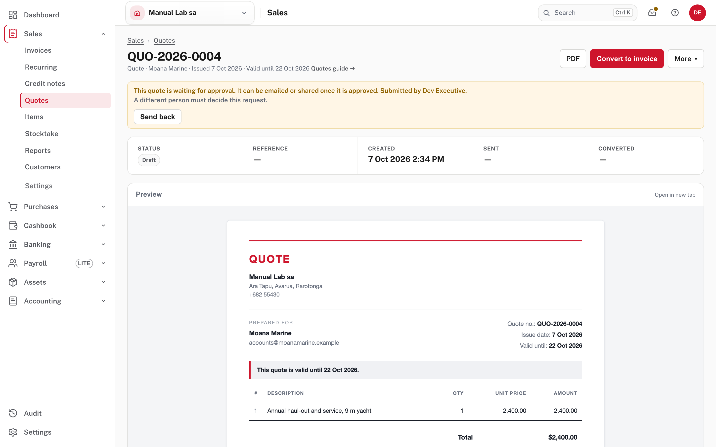 A quote waiting for approval: no Email quote, no customer link