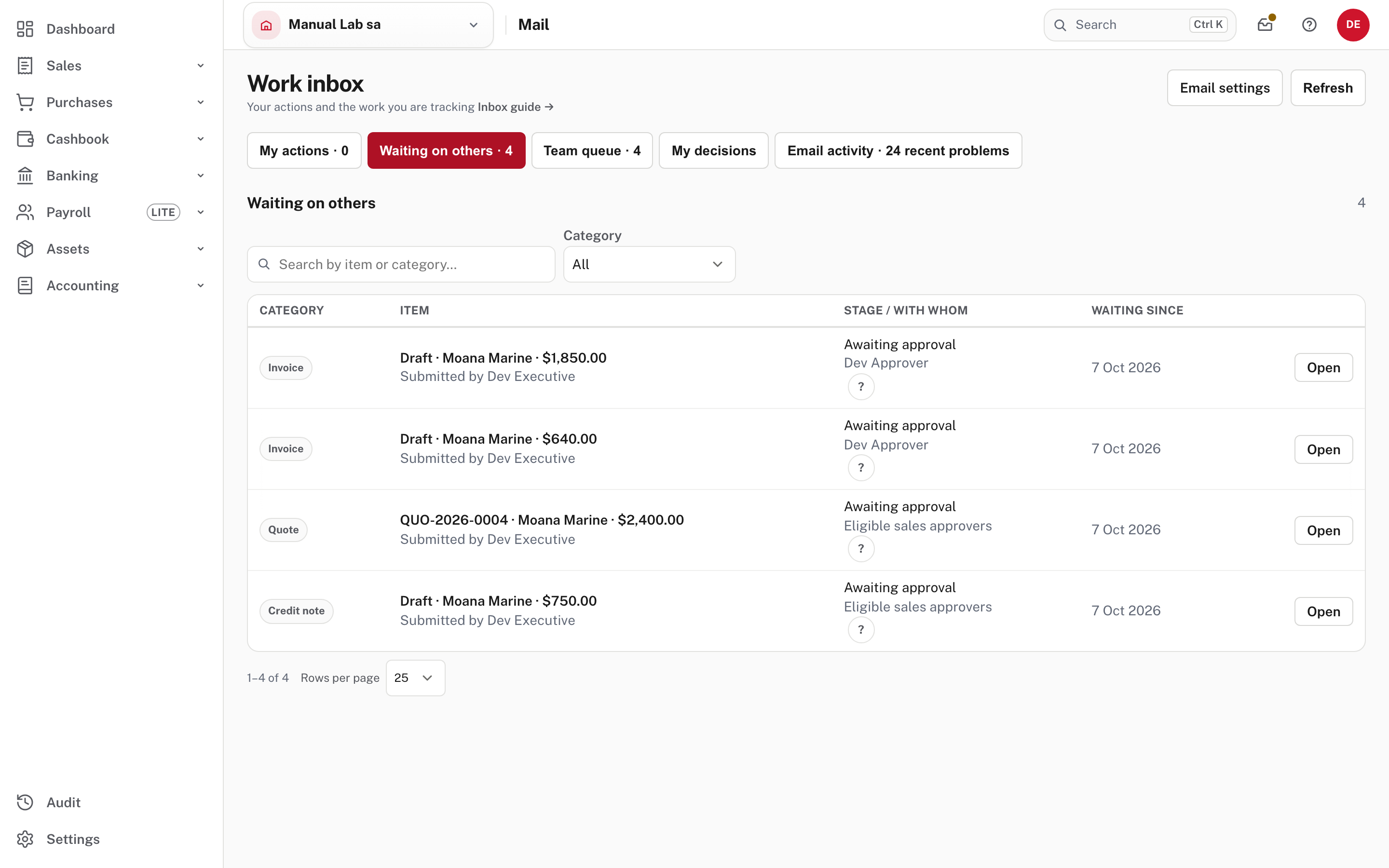 Mail, Waiting on others: what you submitted, and who it is with
