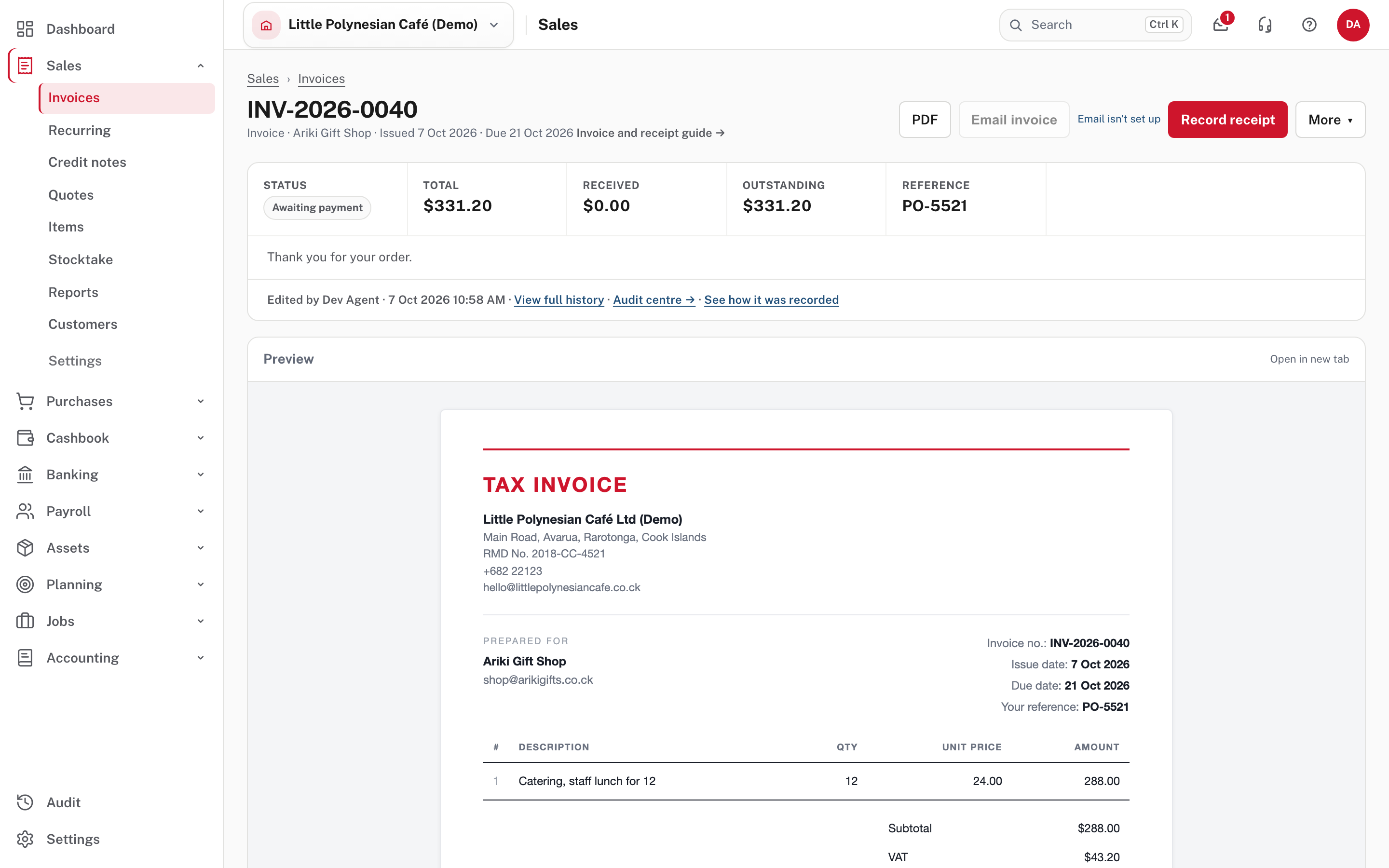 A finalised invoice: its status, totals and the buttons along the top