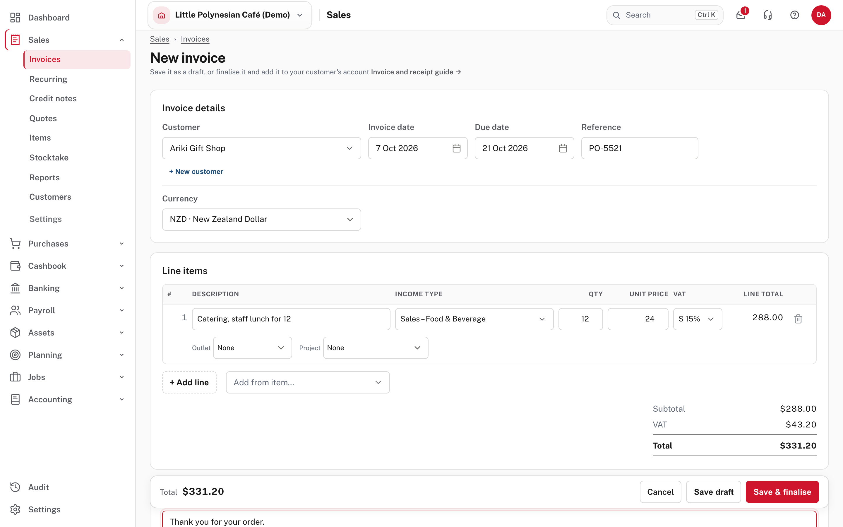 The new invoice: customer, dates, reference, currency and line items