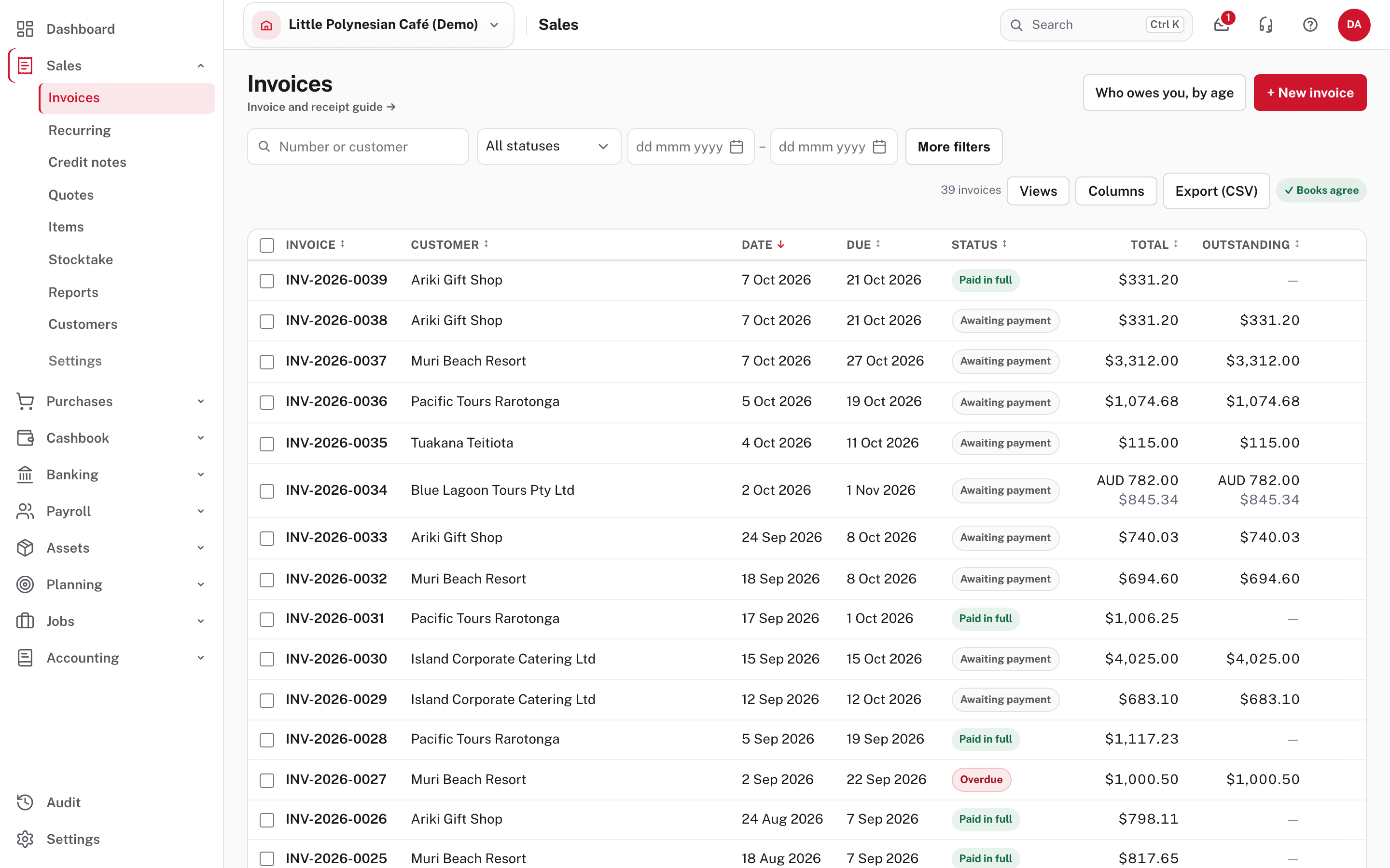The invoice list: status filters, search and every invoice with what is still owing