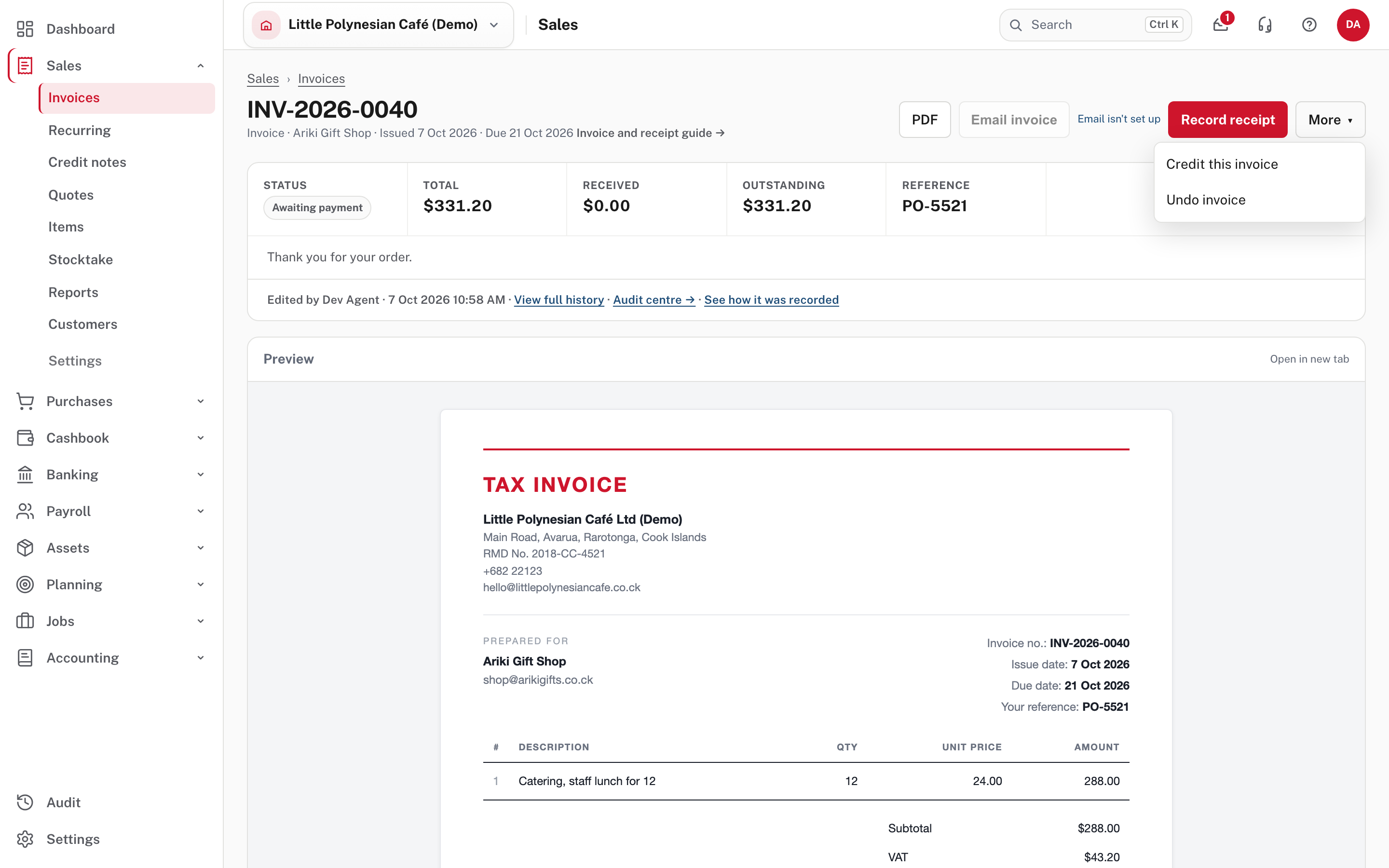 The More menu: Credit this invoice, Undo invoice