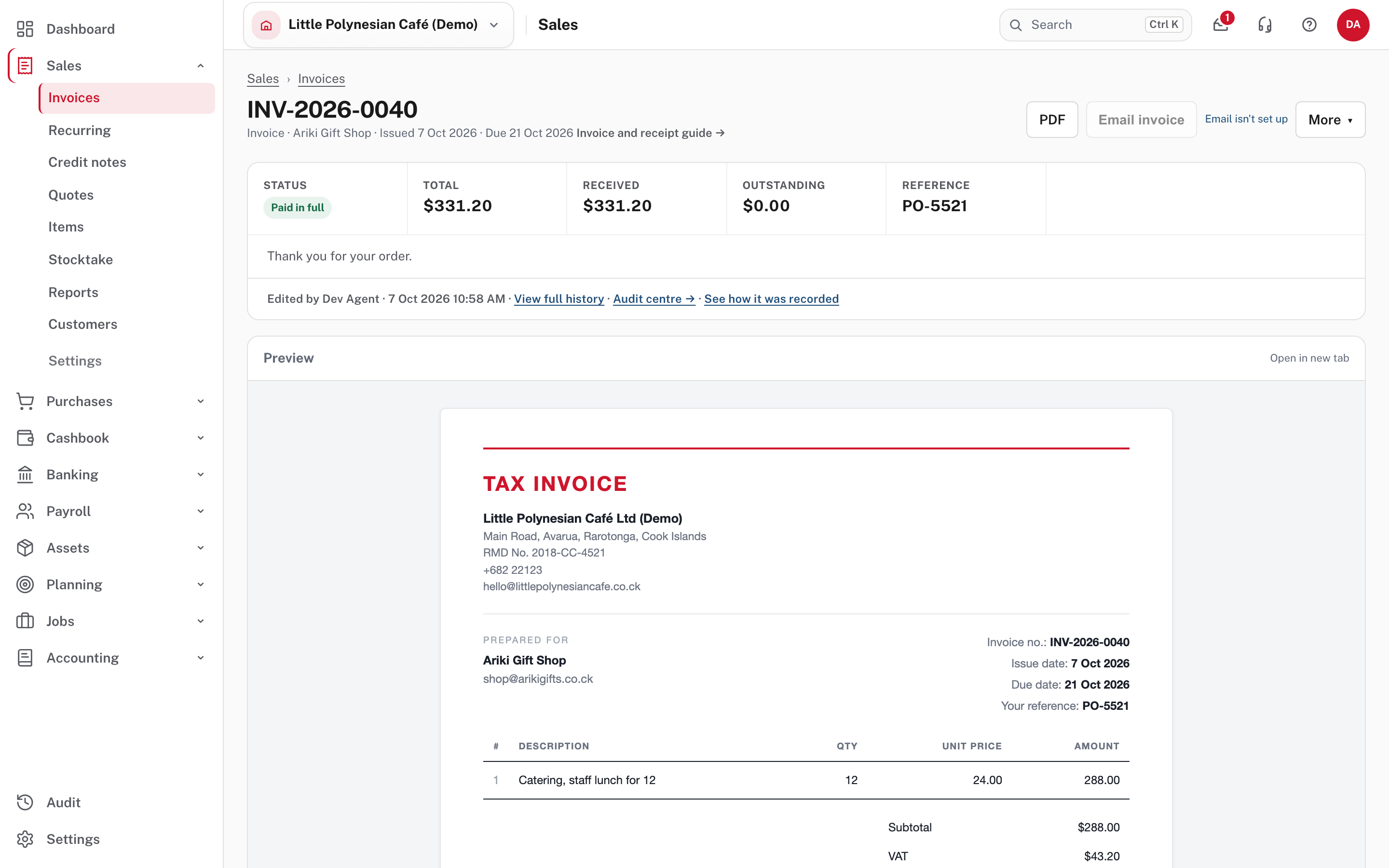 The invoice, now paid in full