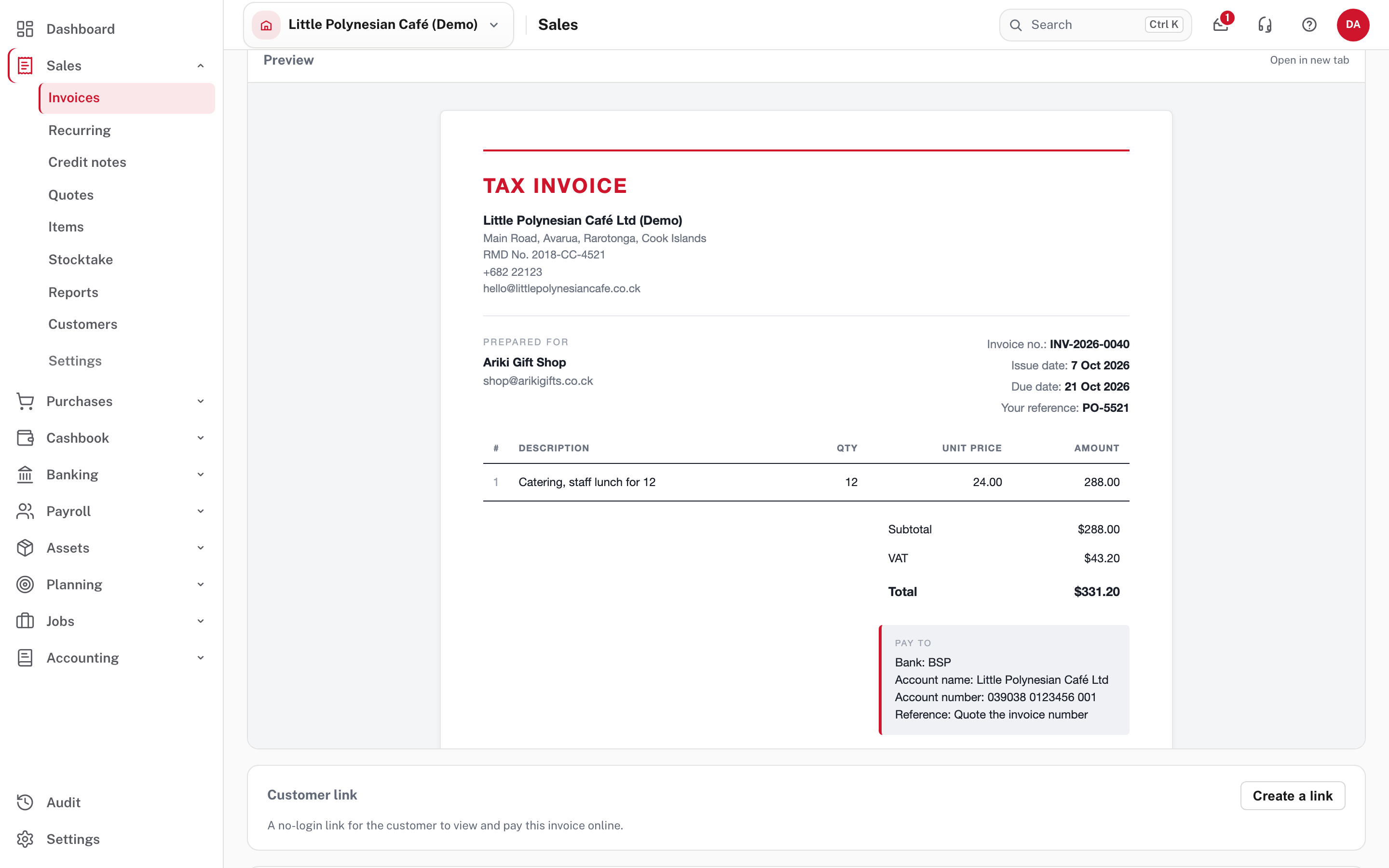 The invoice as the customer will see it, with the Pay to details