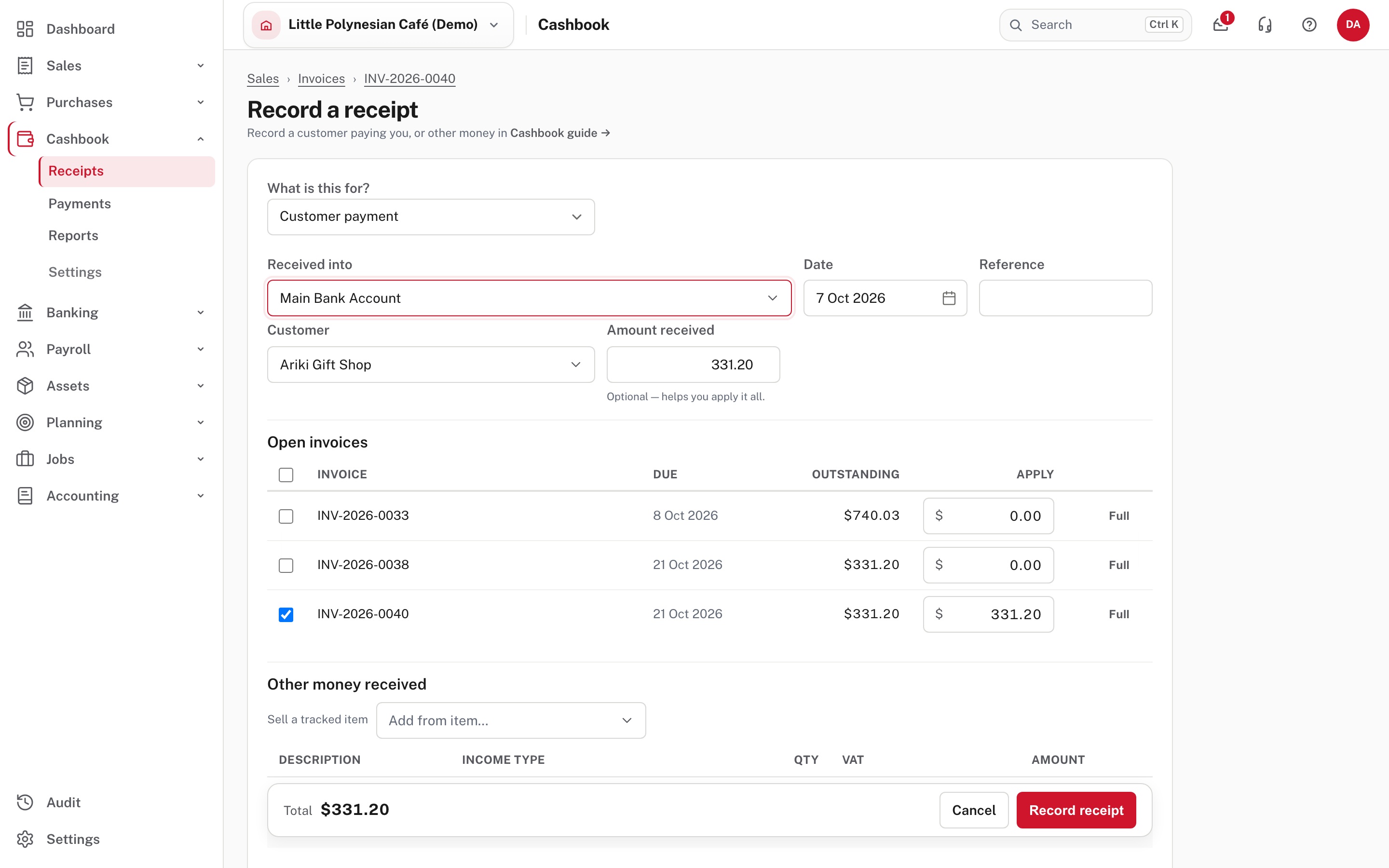 Record a receipt: the bank account, the customer, and which invoices it pays
