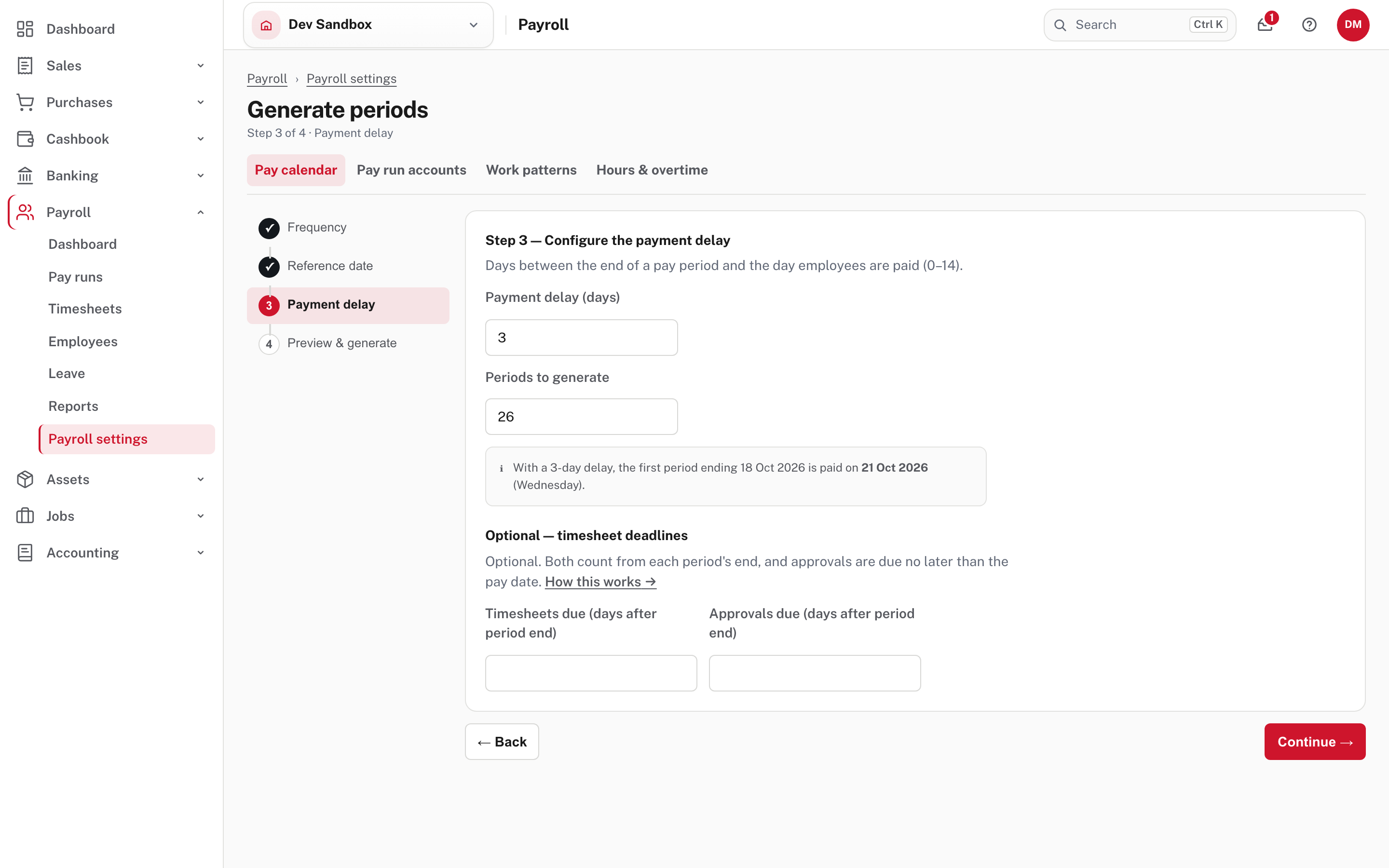 Step 3: payment delay, number of periods and optional deadlines