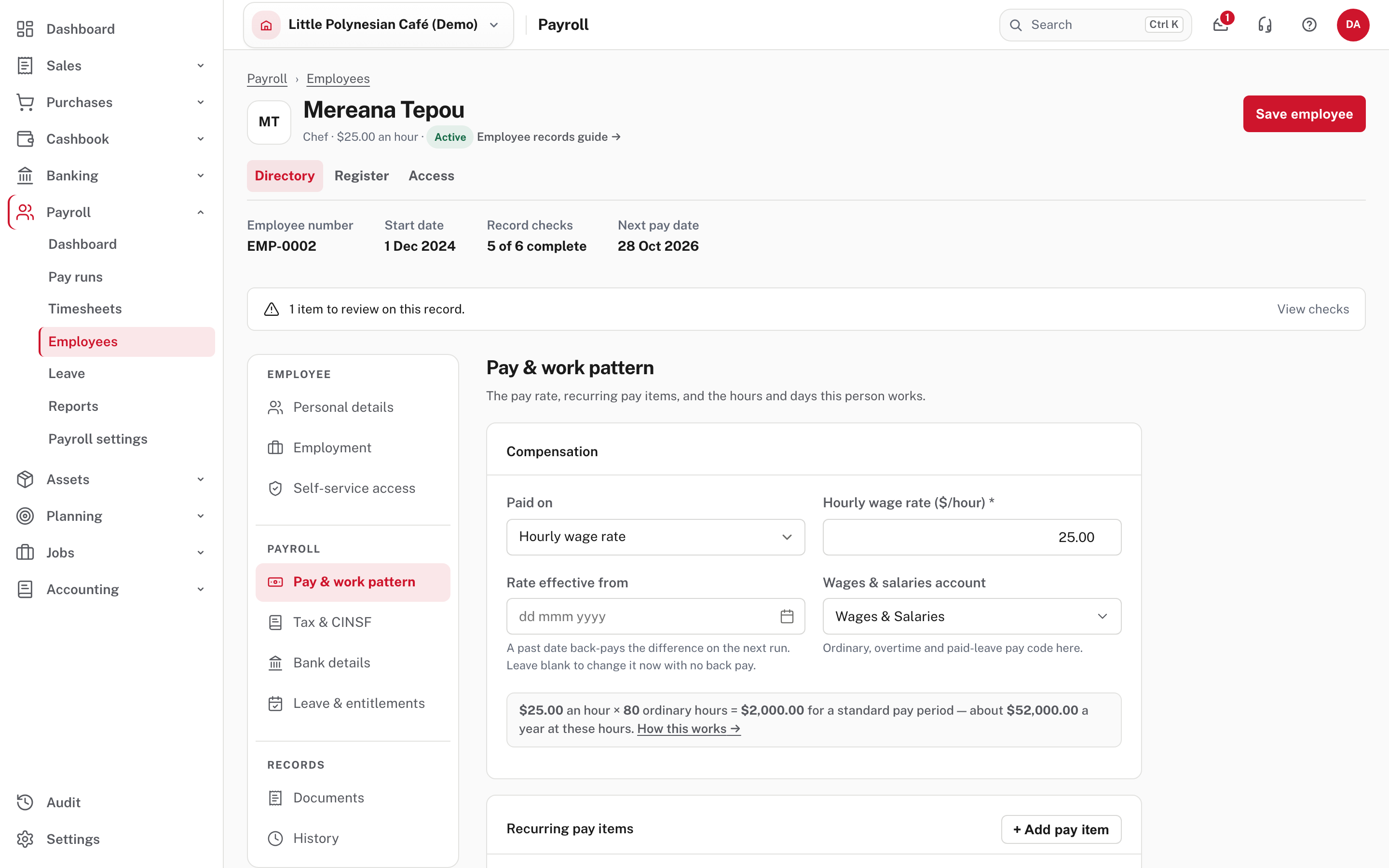 An employee's Pay & work pattern section