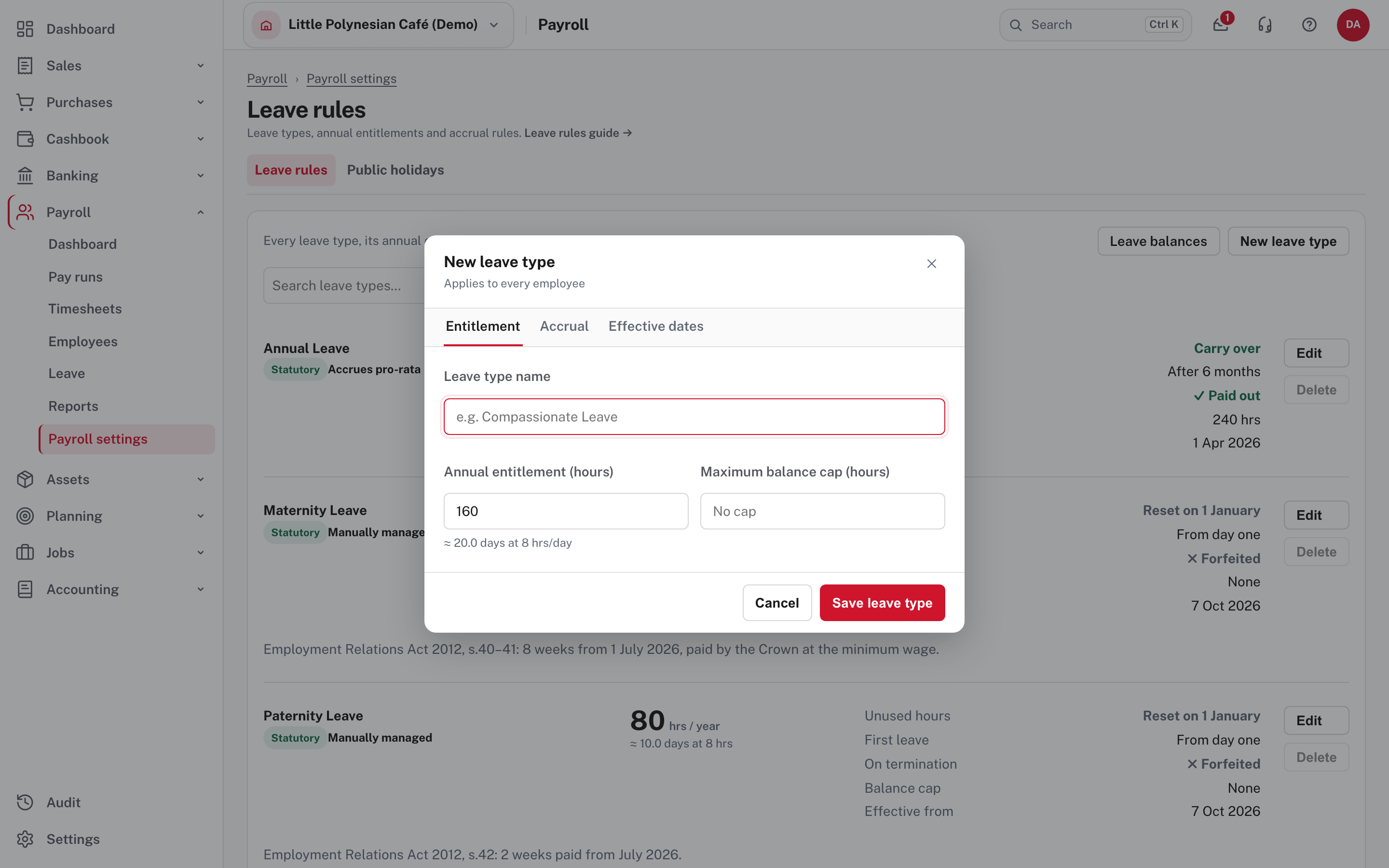 A new leave type has three tabs: Entitlement, Accrual and Effective dates