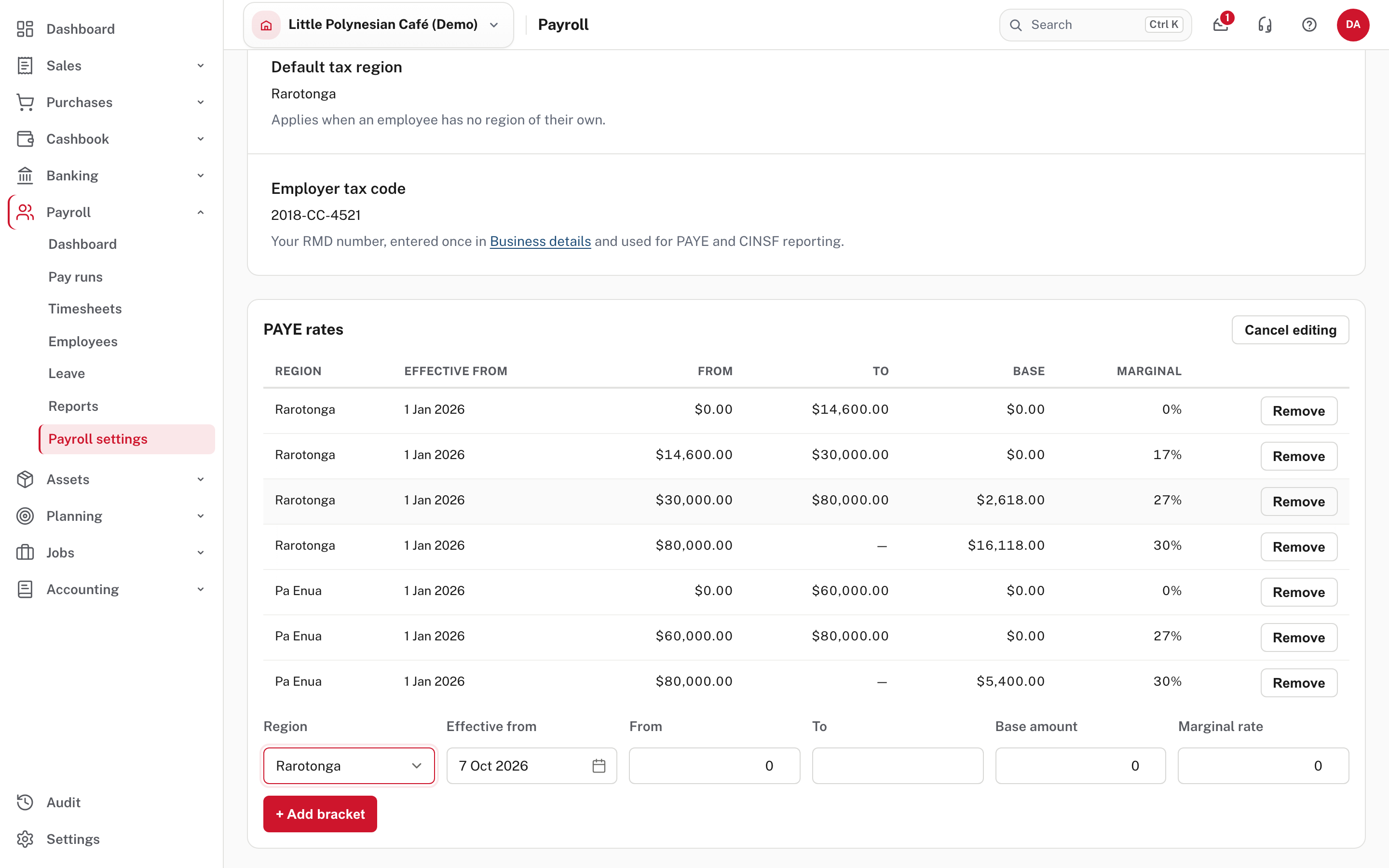 Edit rates: each bracket can be removed, and a new bracket is added from a date