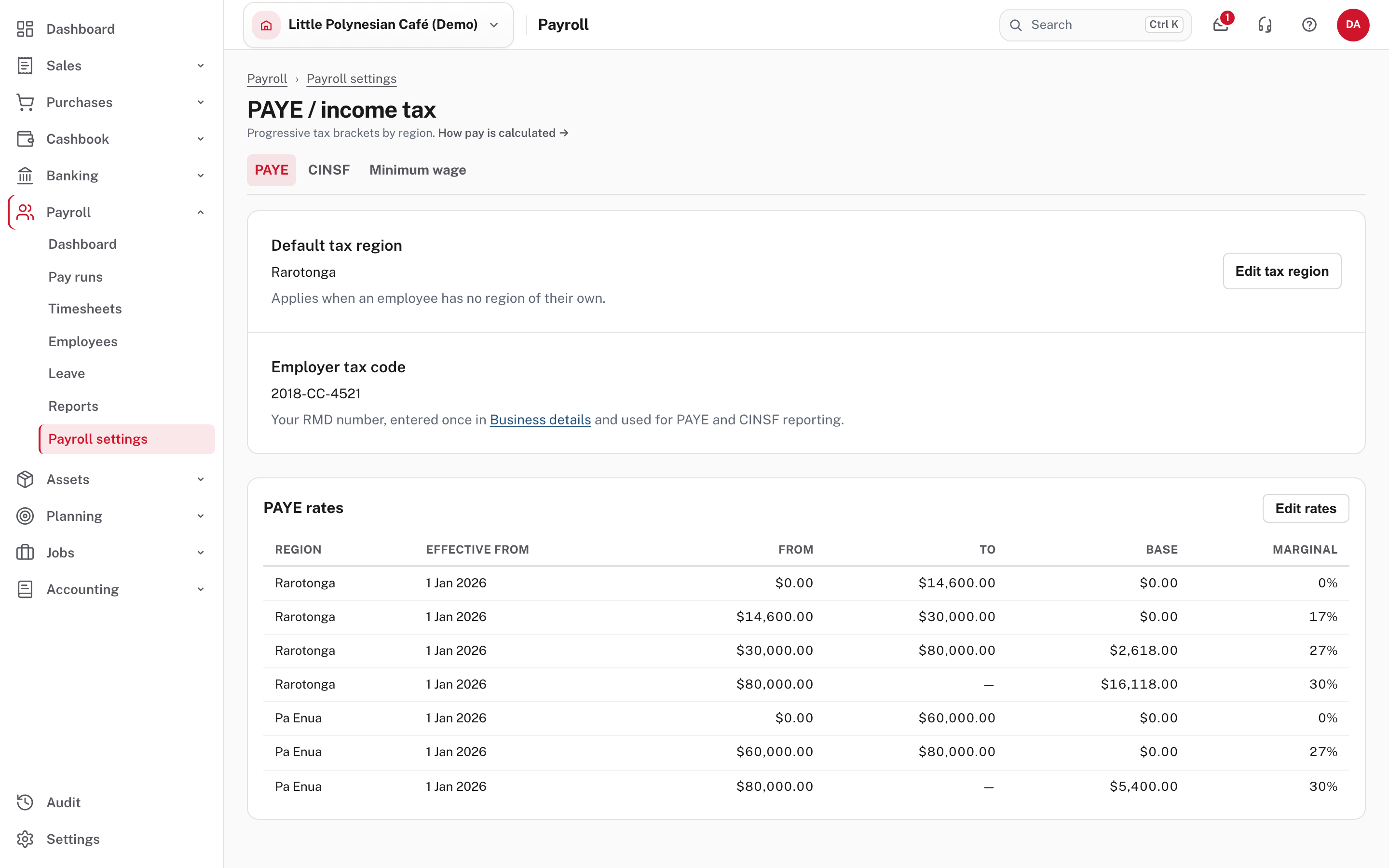 PAYE settings: default tax region and the rate table