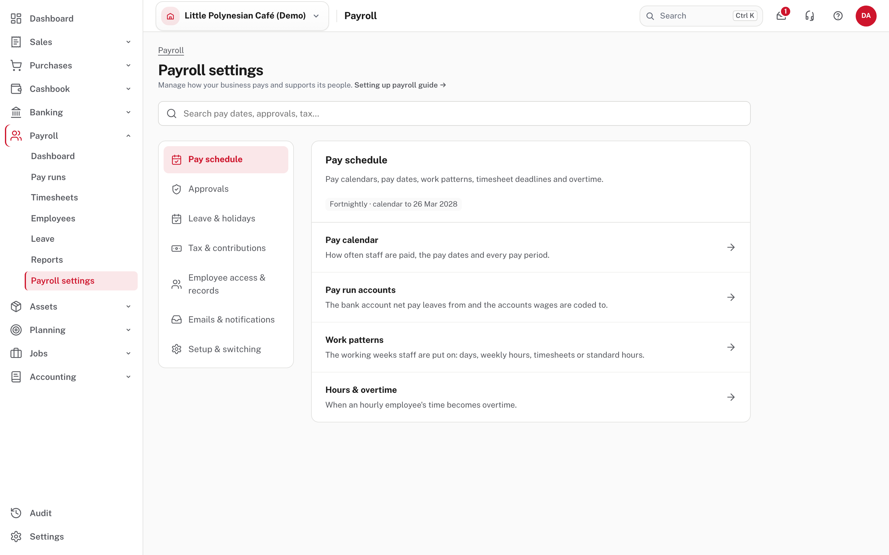 Payroll settings, with its sections down the left