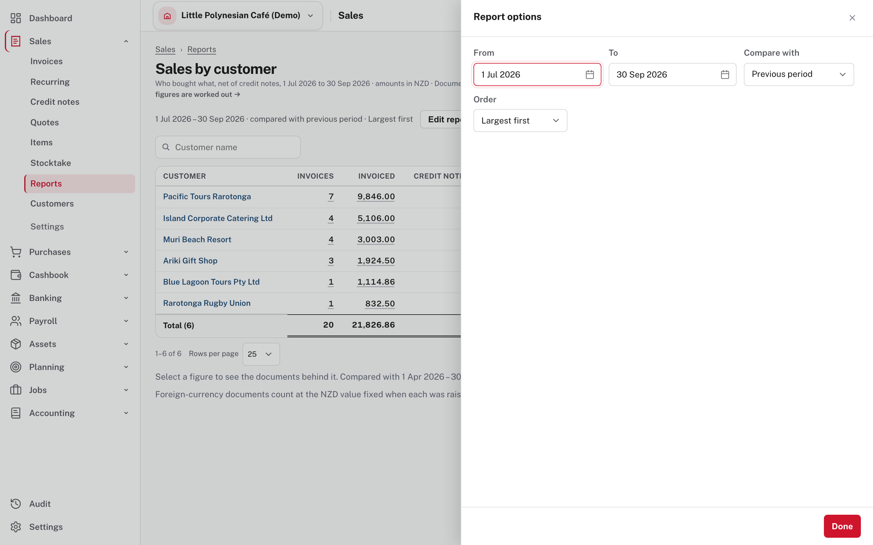 Report options: the dates, a comparison and the order