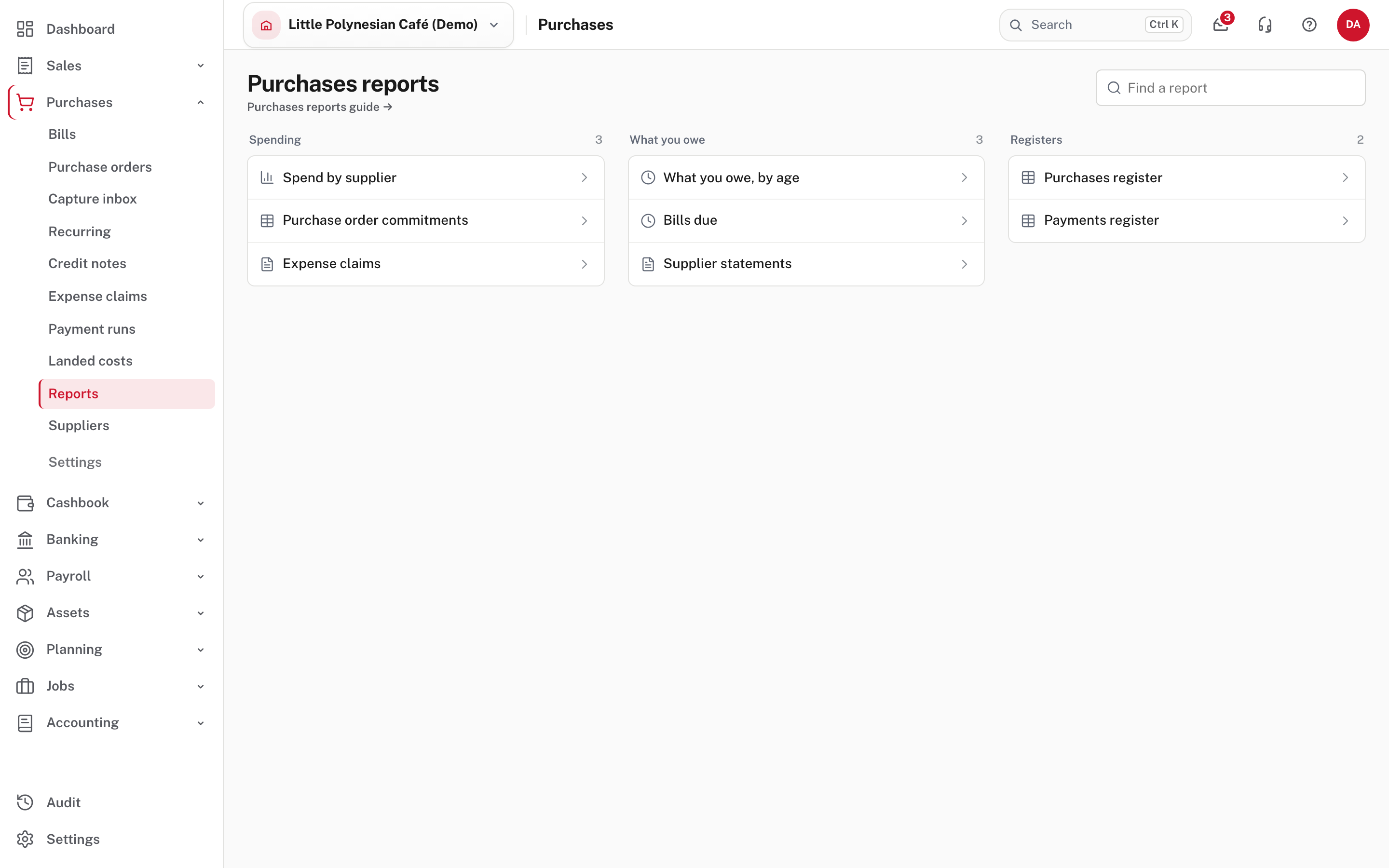 Purchases reports: spending, what you owe, registers